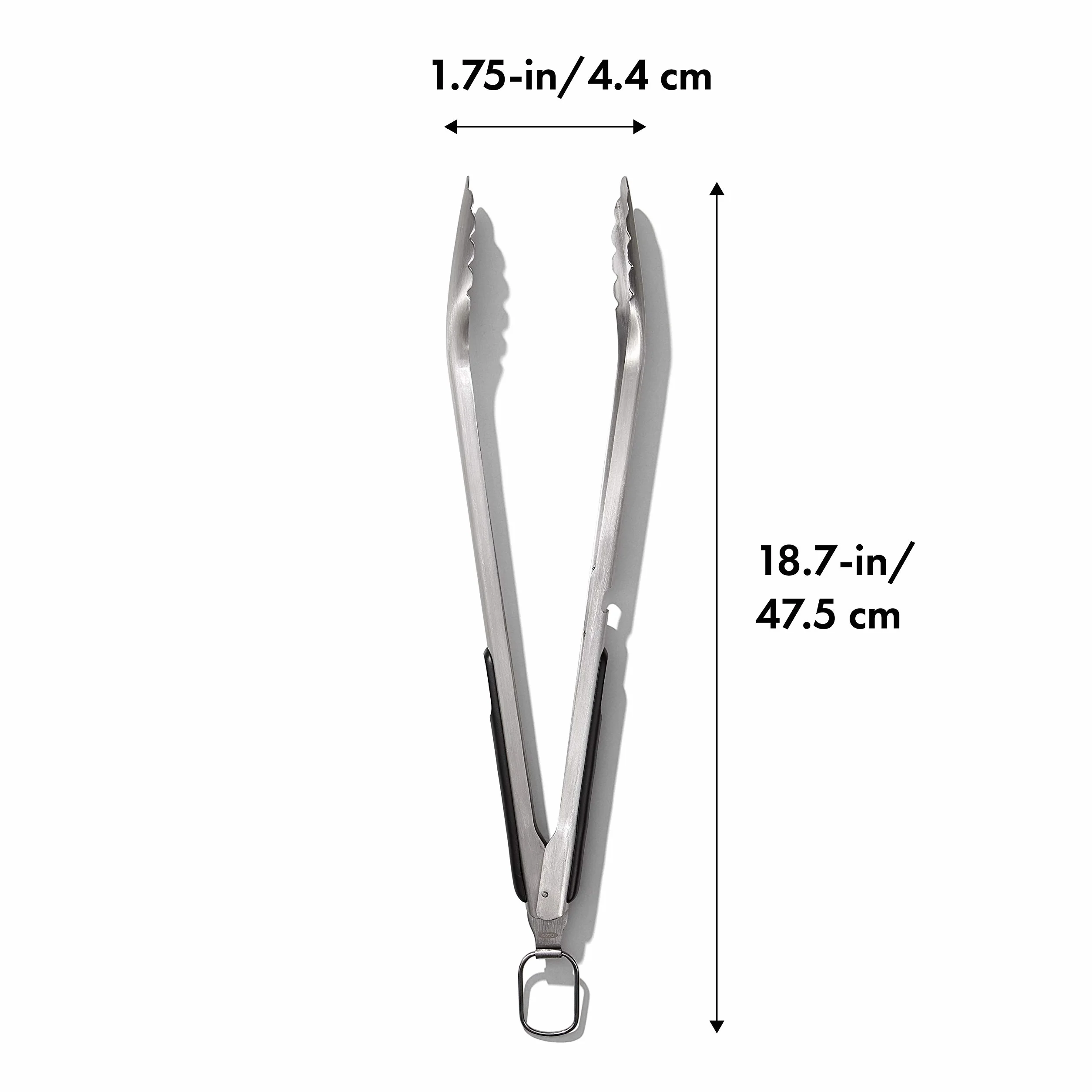 OXO Good Grips długie szczypce do grilla ze stali nierdzewnej z wbudowanym otwieraczem do butelek, 47,5 cm – do kiełbasek, warzyw i innych, czarne