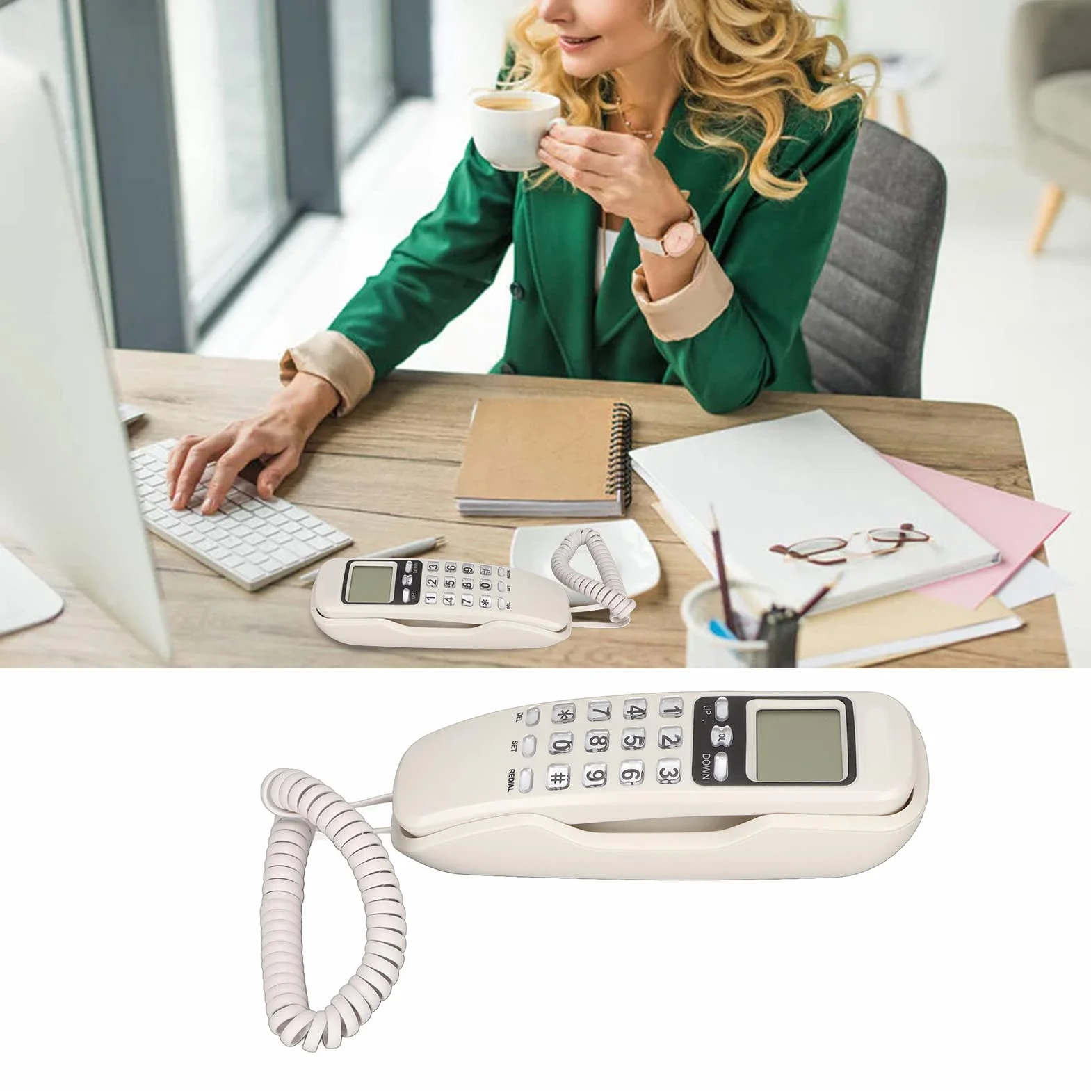 Przewodowy telefon stacjonarny, telefony domowe do montażu na ścianie lub biurkowe Telefon domowy z funkcją ponownego wybierania ostatniego numeru, lampą błyskową i wyświetlaczem ID dzwoniącego Tele