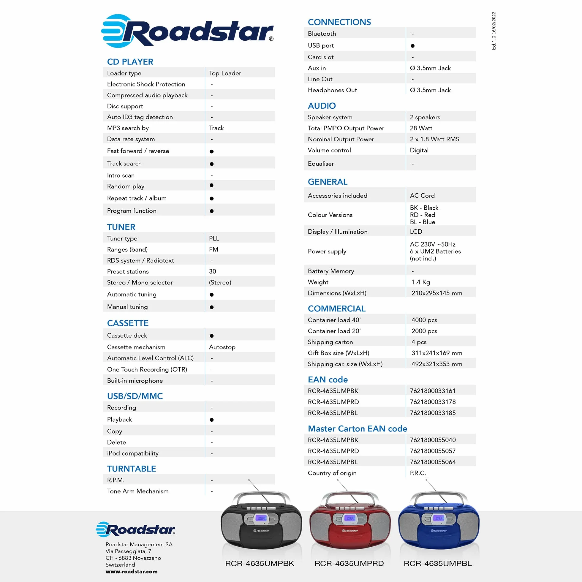 Roadstar RCR-4635UMP/RD Przenośny radio CD Kaseta, Radio cyfrowe PLL FM, Boombox Odtwarzacz CD-MP3, USB, AUX-IN, Wyjście słuchawkowe, Czerwony