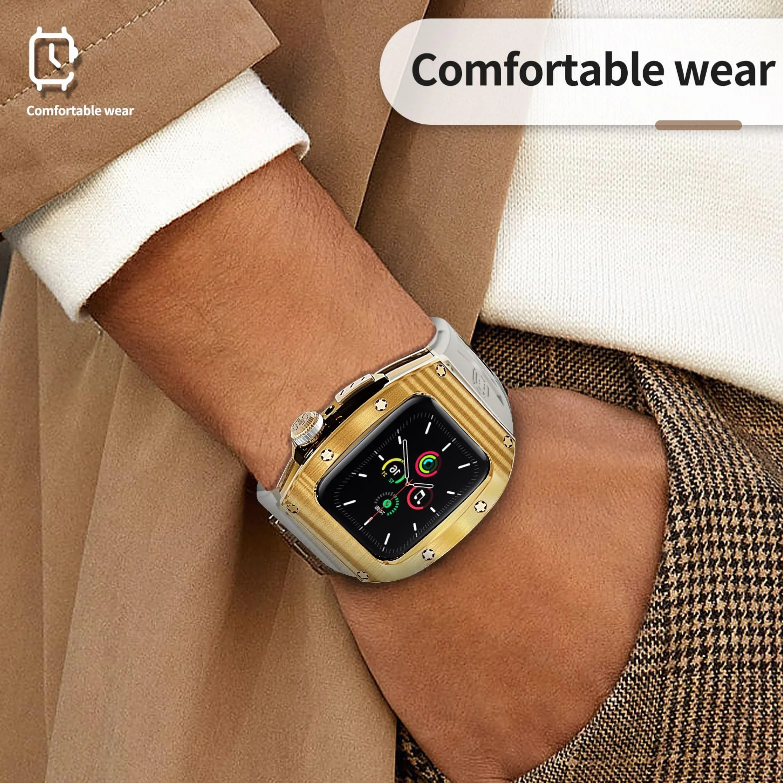 Shellbox kompatybilny z Apple Watch Series 8 7 45 mm / Series 6 SE 5 4 44 mm, ochronny wytrzymały metalowy zderzak ze stali nierdzewnej z paskiem i twardą osłoną ekranu, wytrzymały wojskowy pokrowiec