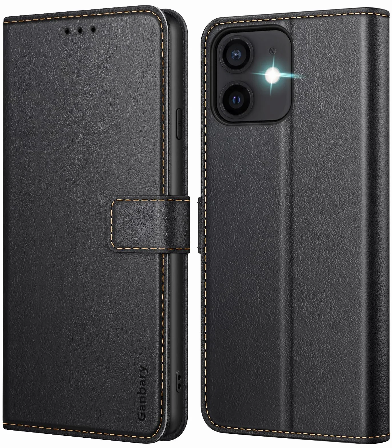 Ganbary Etui kompatybilne z iPhone 12/12 Pro, wysokiej jakości skóra PU z klapką portfel etui na telefon [pełna ochrona] [przegródki na karty] [podpórka] dla iPhone'a 12/12 Pro, czarne