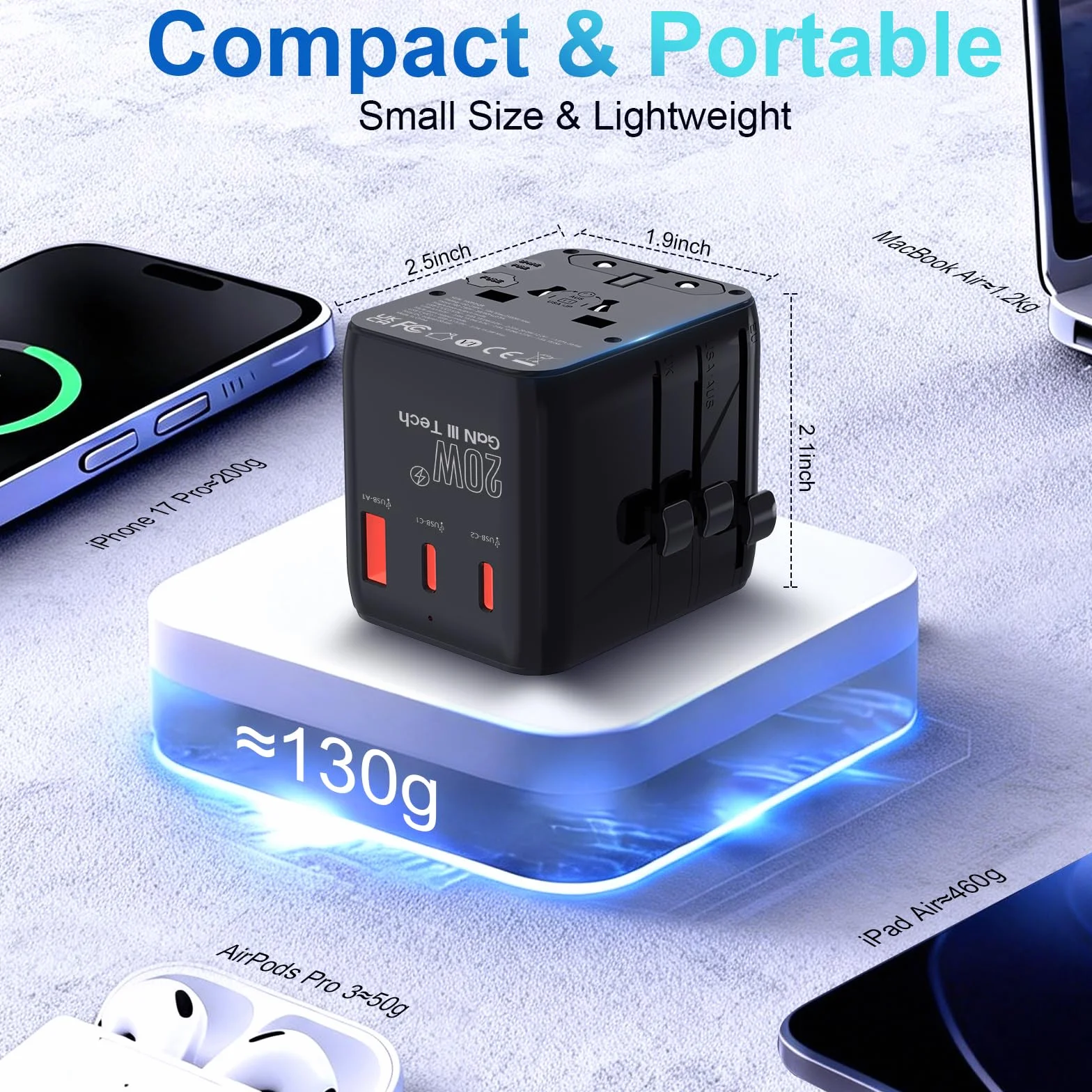 Uniwersalny adapter podróżny 20 W, międzynarodowy adapter podróżny