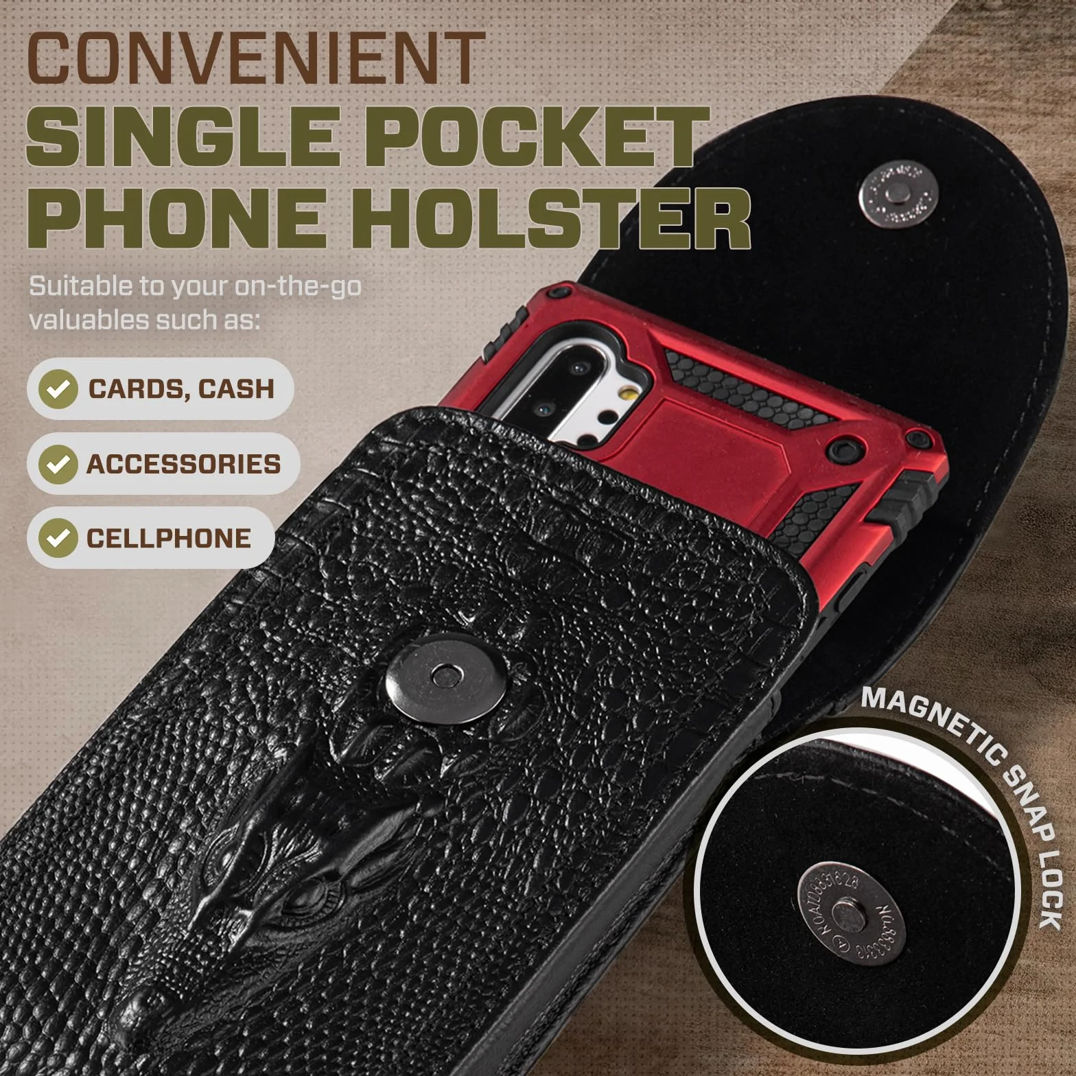 Skóra bydlęca telefon kabura Case talia pasek etui do iPhone 16 15 14 13 12 11 Pro Max do telefonów Samsung Galaxy S25 S 24 S23 S22 S21 Ultra (czarny, L)