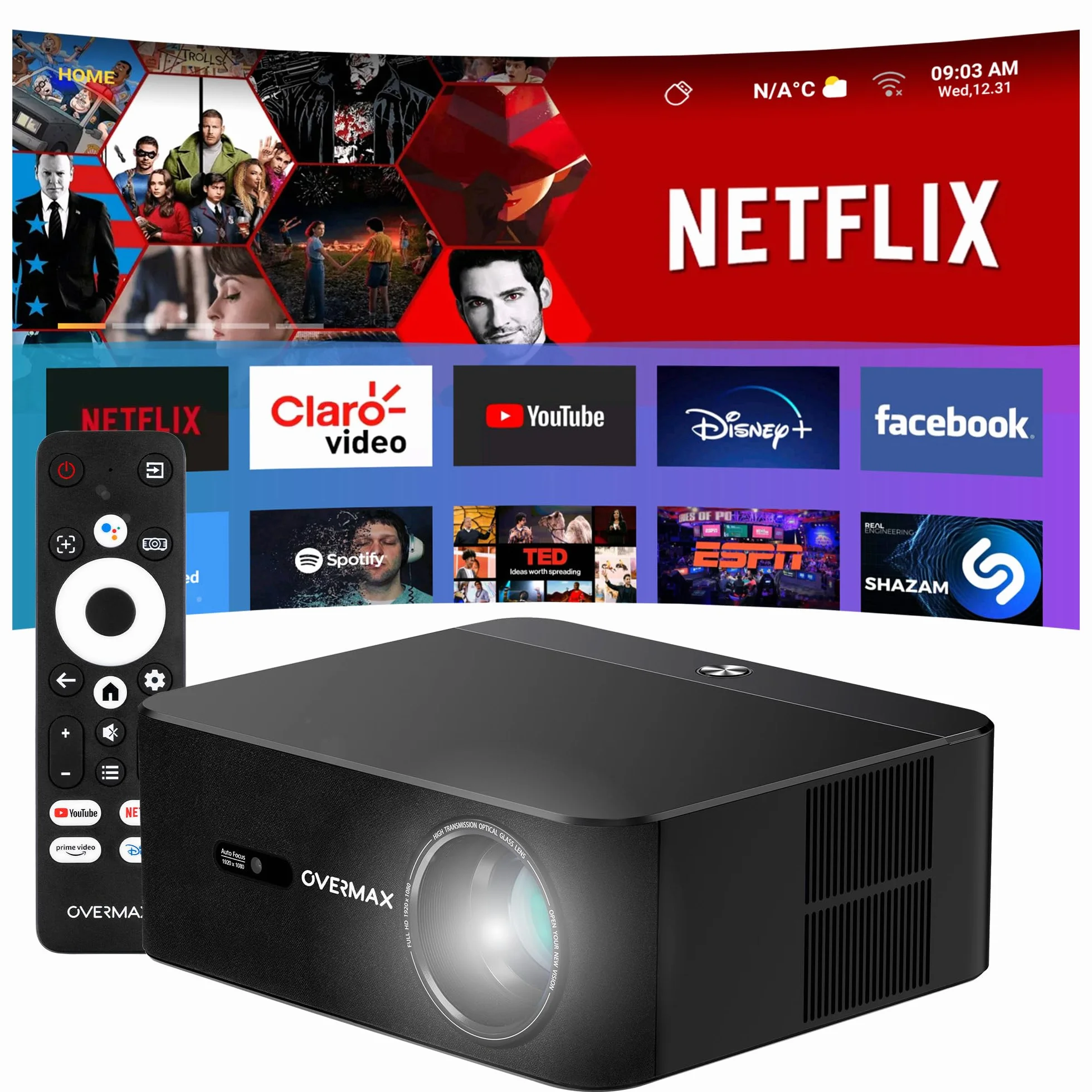 OVERMAX Projektor 4K Full HD 1080P Multipic 5.2, Google TV, WiFi i Bluetooth, Automatyczna Korekcja Keystone 30°, Elektryczny Zoom, Miracast i Obrót 360°, Ekran do 200”