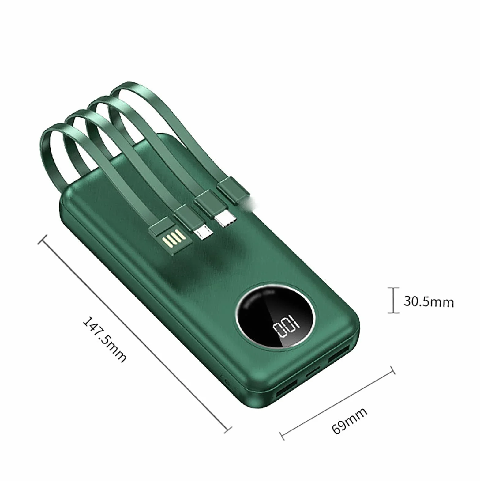 Powerbank 30000mAh Wbudowany kabel Powerbank z 5 wyjściami Duża pojemność Zewnętrzny akumulator do smartfona 5V 2.1A Szybkie ładowanie,Green