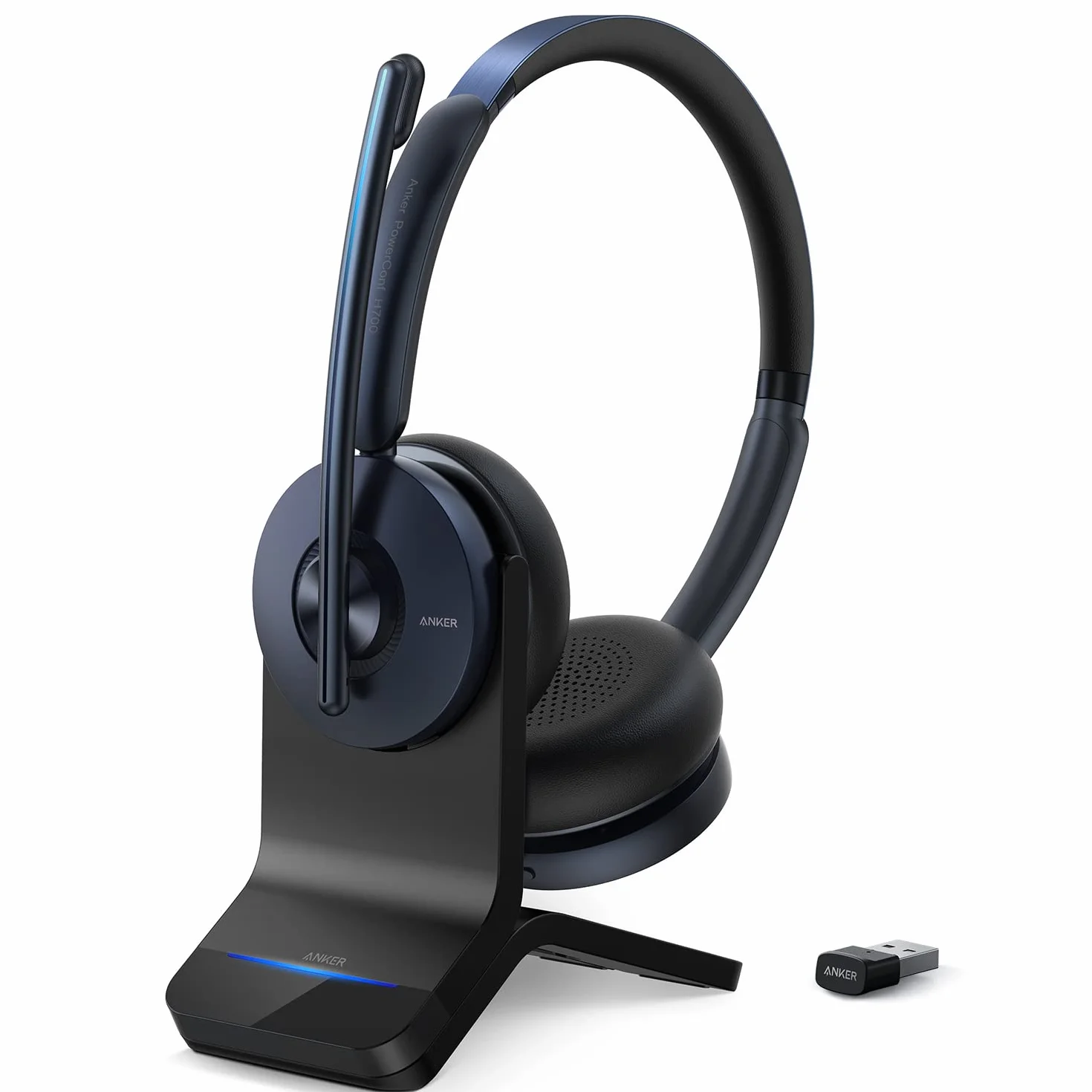 Anker PowerConf H700 zestaw słuchawkowy Bluetooth z mikrofonem i stacją ładującą, aktywna redukcja szumów, nagrywanie audio, funkcja transkrypcji spotkań, połączenia z funkcją S.I., kompatybilny z aplikacjami, wydajność: 24 godziny