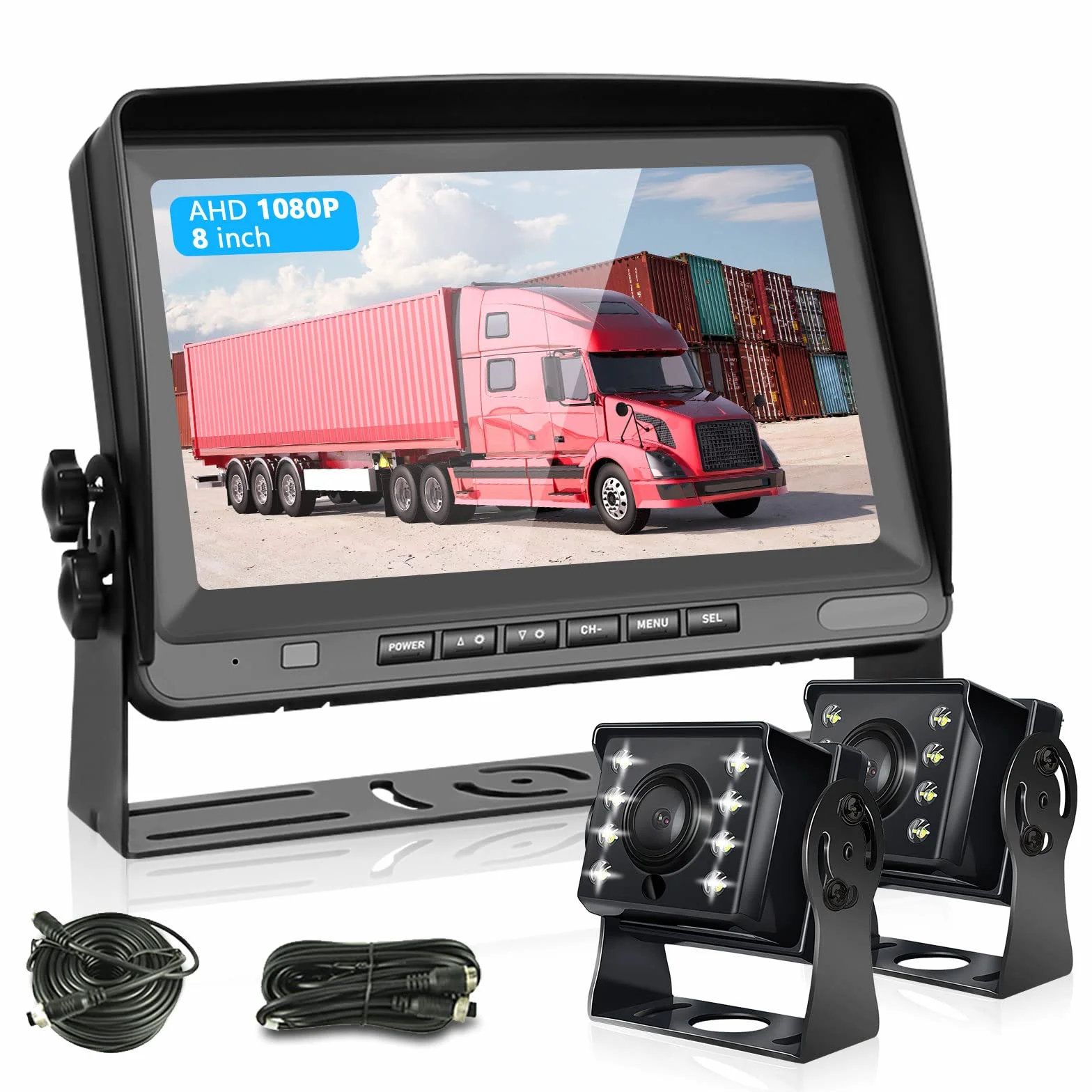 Hodozzy Kamera cofania do samochodu z 8-calowym monitorem LCD, AHD 1080p, 2 x kamery, klasa wodoszczelności IP69, super noktowizor, kabel 12 V-24 V do kampera/ciężarówki/przyczepy/autobusów/vanów, z