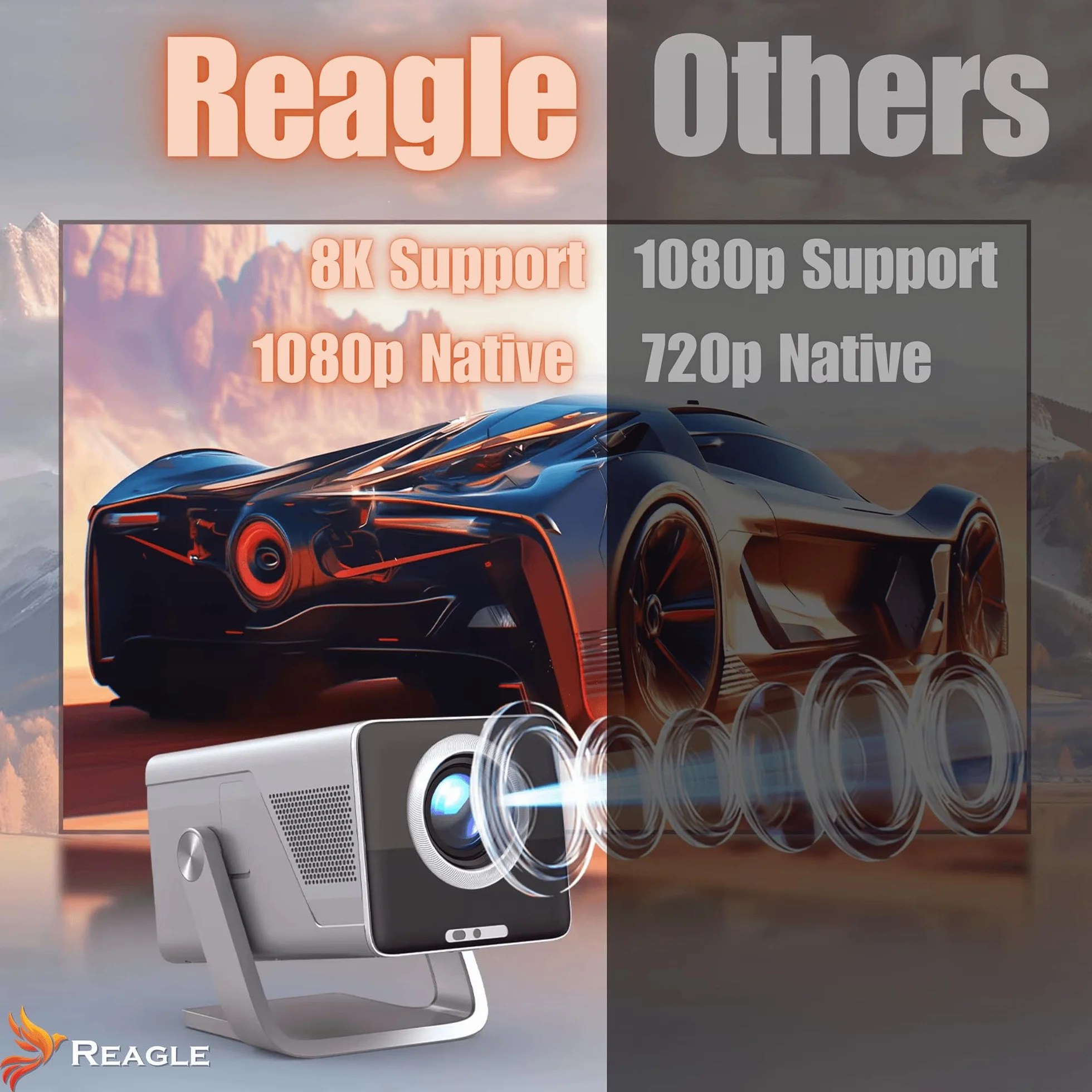 Reagle Projektor LED 1000 ANSI Full HD 1080p R-MOVIELUM-P50 z Autofokusem Upscaling Do 4K 8K, ANDROID 14 Smart TV WiFi BT 5.4, 130 Cali, Przenośny Rzutnik Do Kina Domowego Gamingu Laptop Telefon