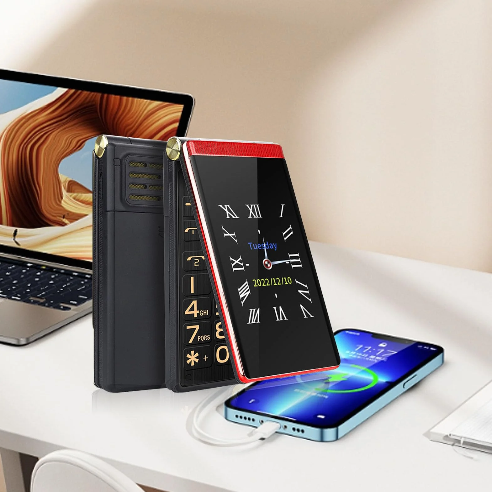 Odblokowany Telefon z klapką dla Seniorów, Podwójna Karta SIM, 2G GSM, Podwójny Ekran, Duże Przyciski z Podświetleniem, Duża głośność, Bateria 5900 MAh (Czerwony)