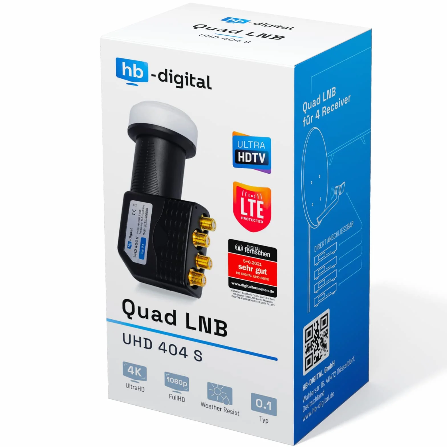 HB-DIGITAL Quad LNB LNC 4 uczestników bezpośredni ✨ Full HD TV 3D 4K czarny Black ■ styki pozłacane ■ ochrona przed warunkami atmosferycznymi (wyciągana)