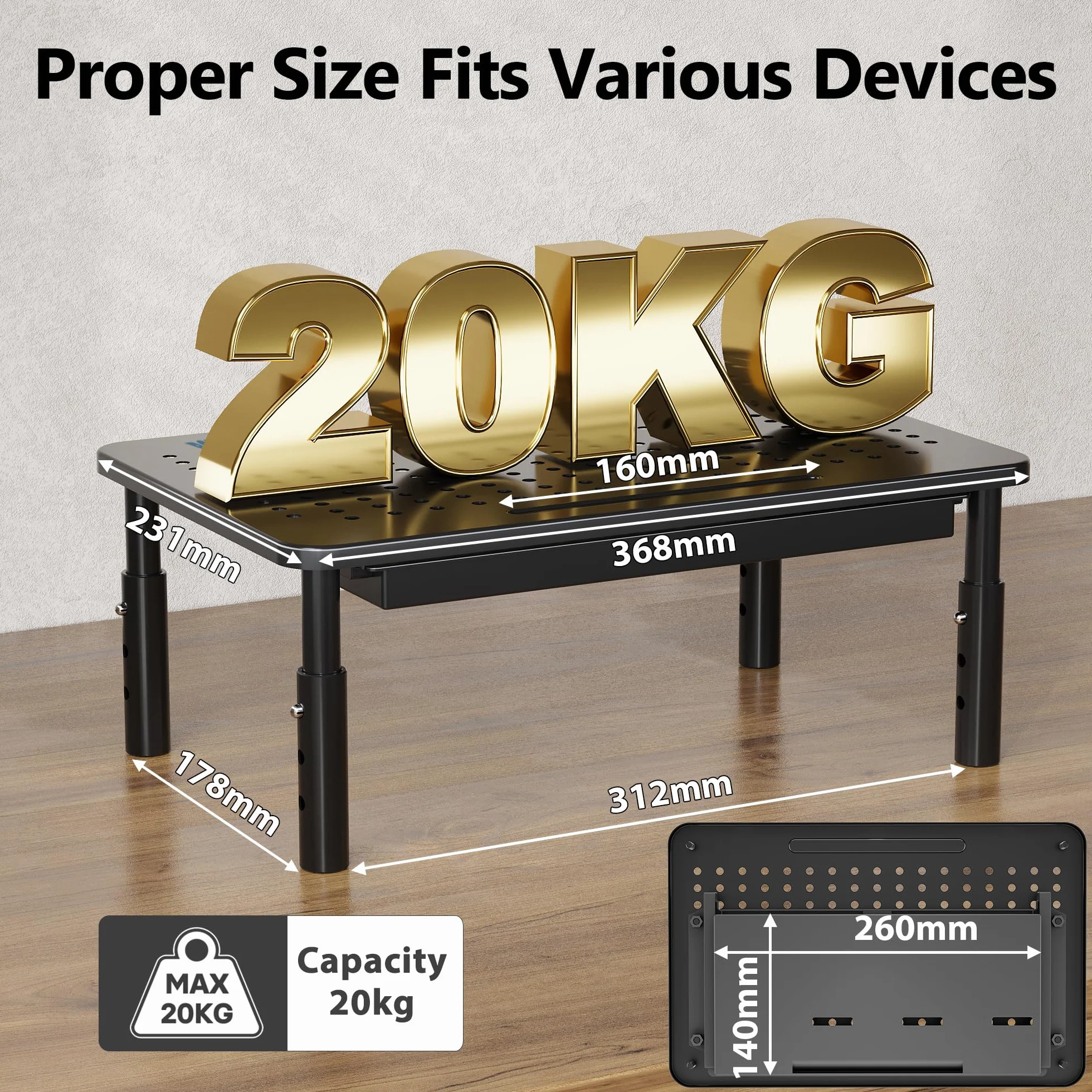 BONTEC Stojak na monitor z szufladą, 3 regulowane na wysokość, do monitora, laptopa, komputera, iMac, drukarki do 20 kg, w zestawie opaski kablowe