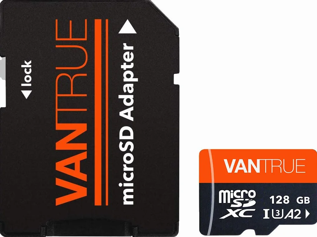 VANTRUE Karta pamięci microSD UHS-I U3 A2 4K, 128 GB, adapter kompatybilny z kamerą pokładową, smartfonem, tabletem, kamerą akcji i kamerą monitorującą (128 GB)