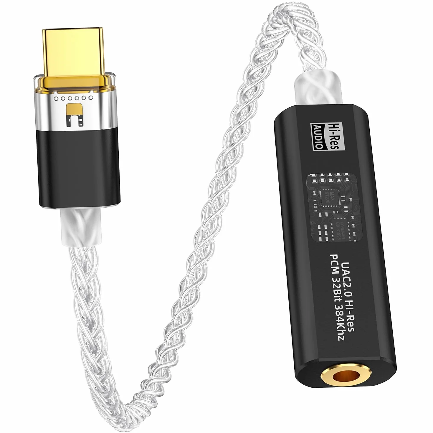 Adapter słuchawkowy USB C na 3,5 mm DAC z podwójnym chipem CX31993 i MAX97220, przenośny wzmacniacz dekodowania Hi-Res 32-bitowy/384 kHz z posrebrzanym kablem OCC do słuchawek iPhone, Android, Mac