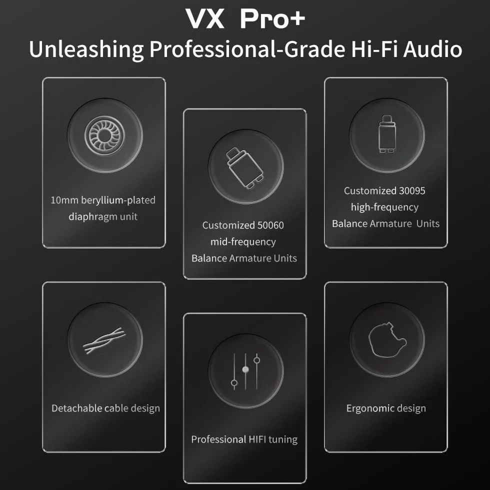 TRN VX PRO+10 mm podwójne magnetyczne flagowe słuchawki HiFi ergonomiczne zaprojektowane z odłączanym kablem 2-pinowym (gniazdo 3,5 mm + mikrofon / czarny)
