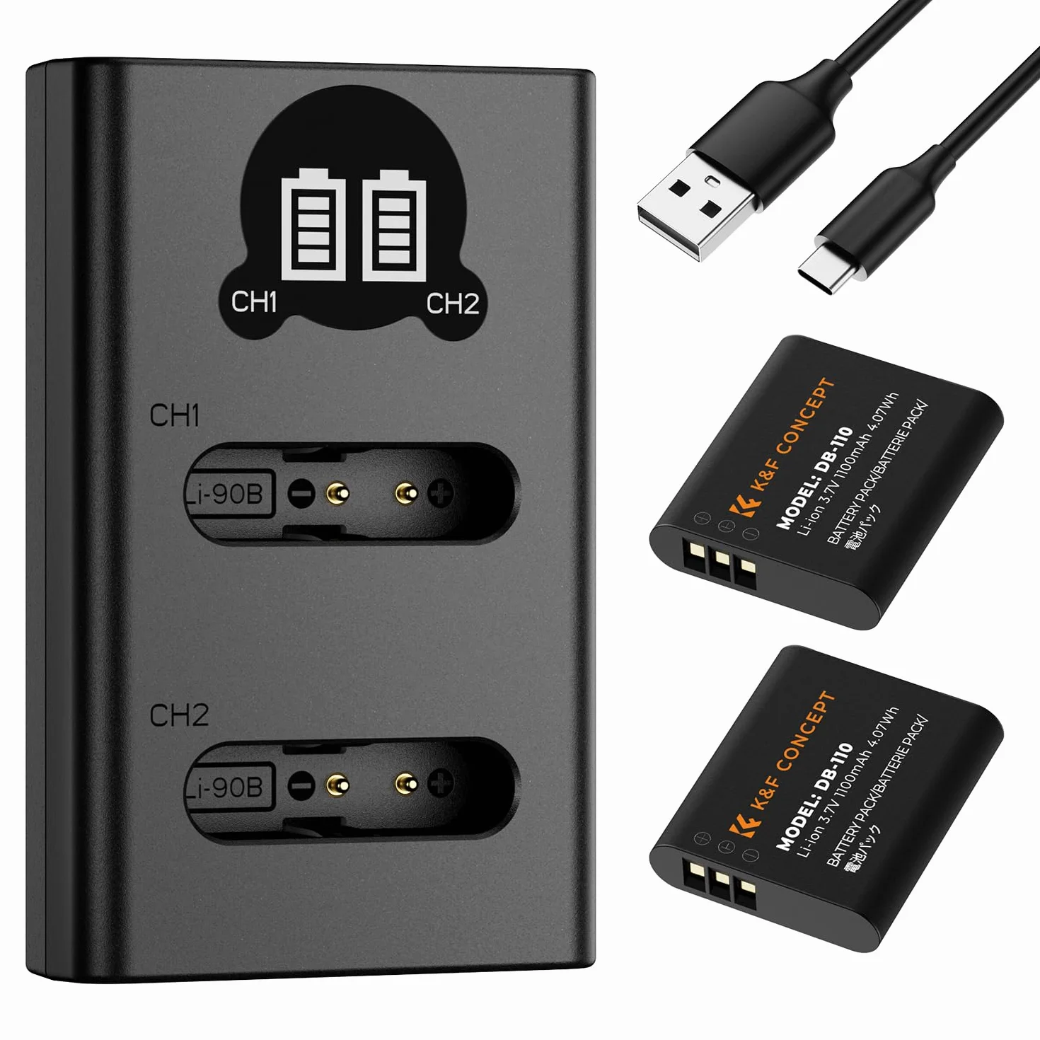 Zestaw 2 baterii K&F CONCEPT Ricoh DB-110 o pojemności 1100 mAh z ładowarką LCD z dwoma gniazdami, kompatybilny z Ricoh GR III, GR IIIx, Theta X, WG-6, G900 II, G900SE II, kompatybilny z Olympus TG7/6
