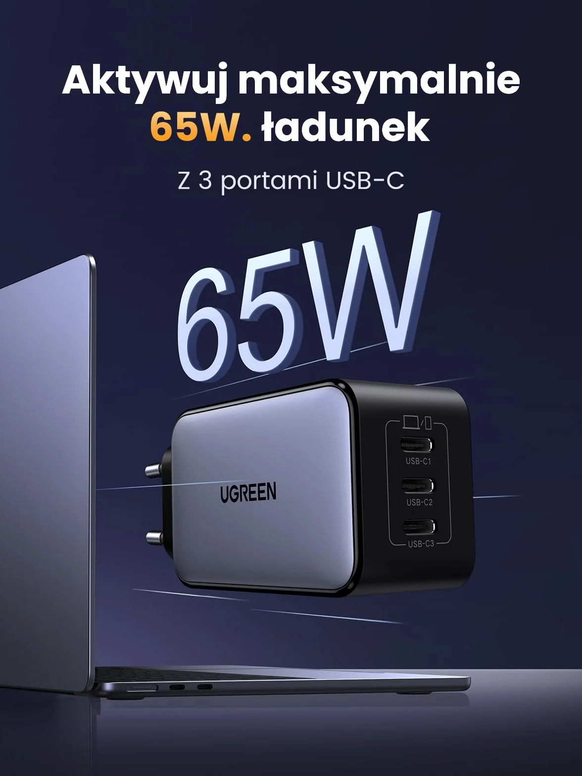 UGREEN Nexode Ładowarka 65 W USB-C z 3 portami USB-C, ładowarka do laptopa | Zasilacz GaN, kompaktowa szybka ładowarka PPS, kompatybilna z MacBookiem Pro, iPhone'em 17 Air, 16, Galaxy S25 Ultra