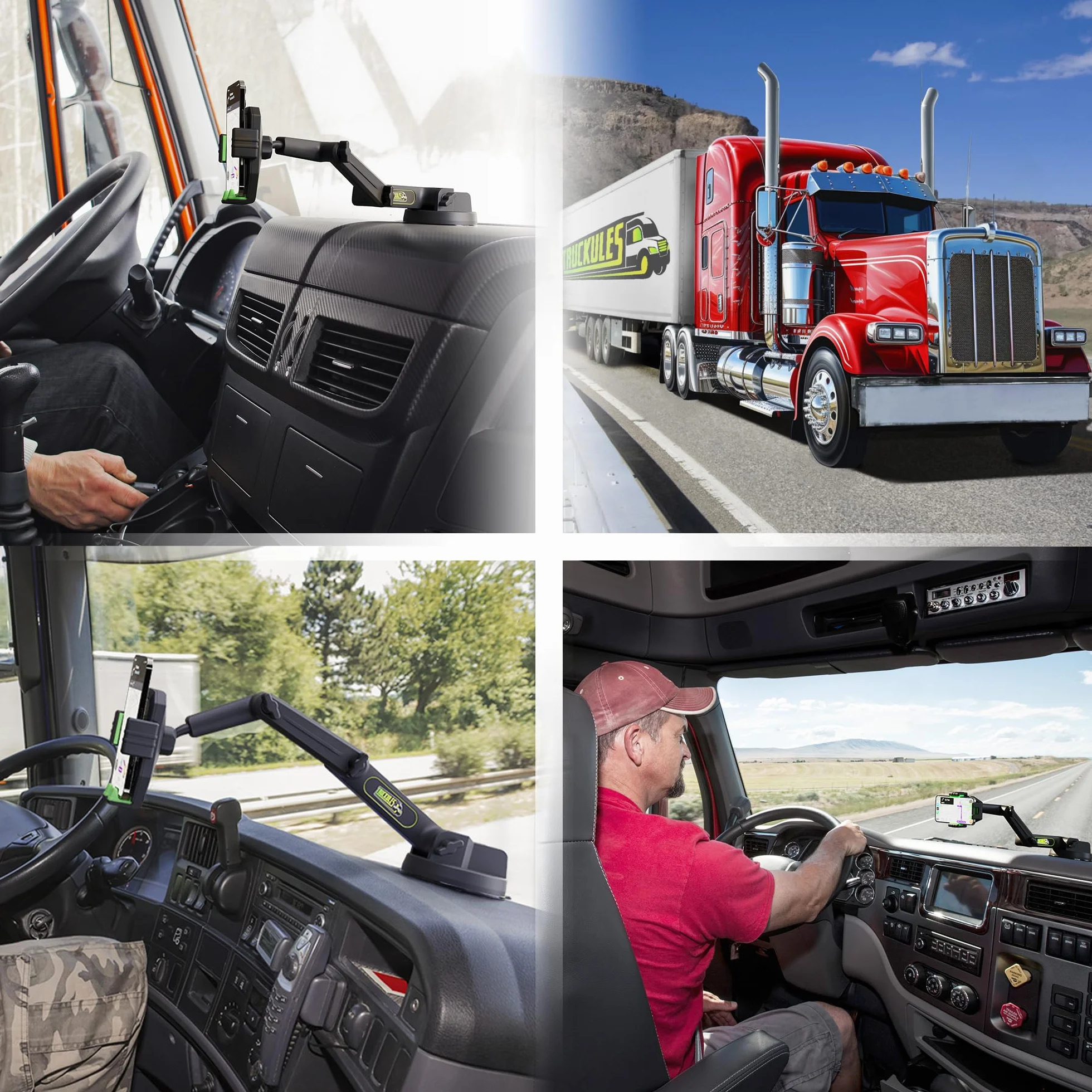 Truckules Uchwyt na telefon ciężarowy, wytrzymały uchwyt na telefon komórkowy do ciężarówki, przednia szyba 43 cm, długie ramię, super przyssawka i stabilna, kompatybilny z iPhone i Samsung, zielony,