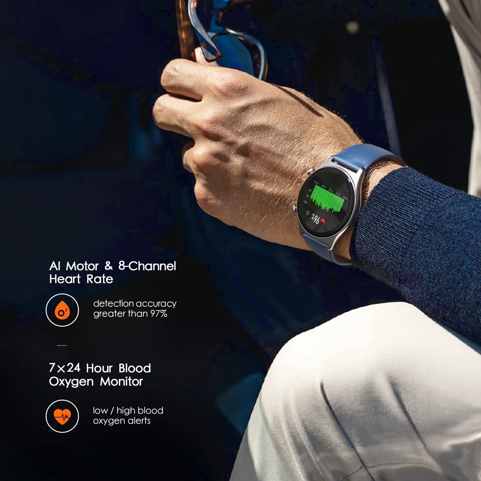 HONOR Watch GS3 Inteligentny zegarek, 1,43-calowy kolorowy ekran AMOLED, połączenie Bluetooth, monitorowanie tętna AI, GPS, 100 trybów treningu dla Androida IOS, niebieski
