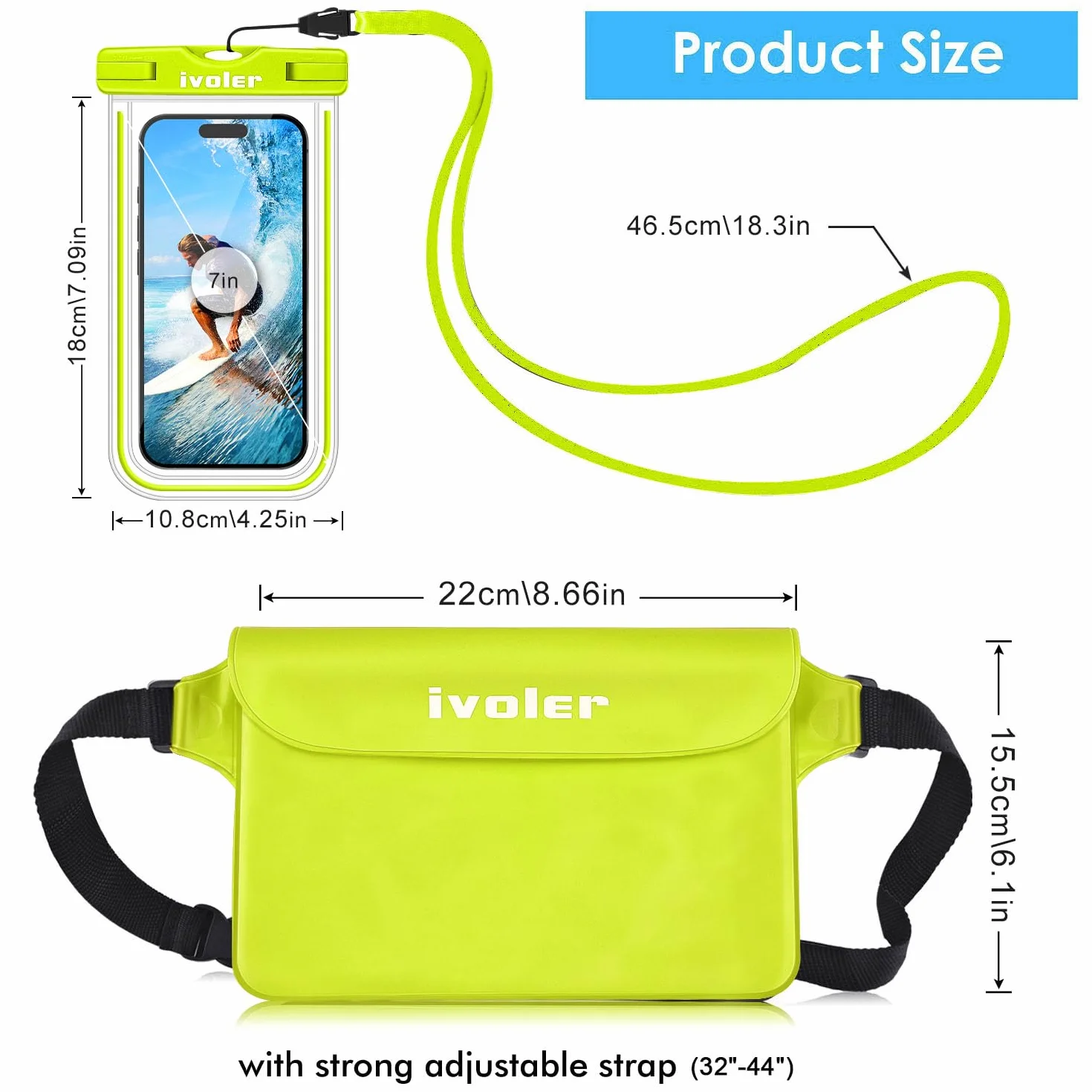 ivoler Wodoodporna torba +etui na telefon, wodoodporna torba na plażę, do pływania, pływania łodzią, kajakiem, wędrówek, ochrony telefonu, gotówki, paszportu, dokumentu przed wodą-Cytrynowa zieleń