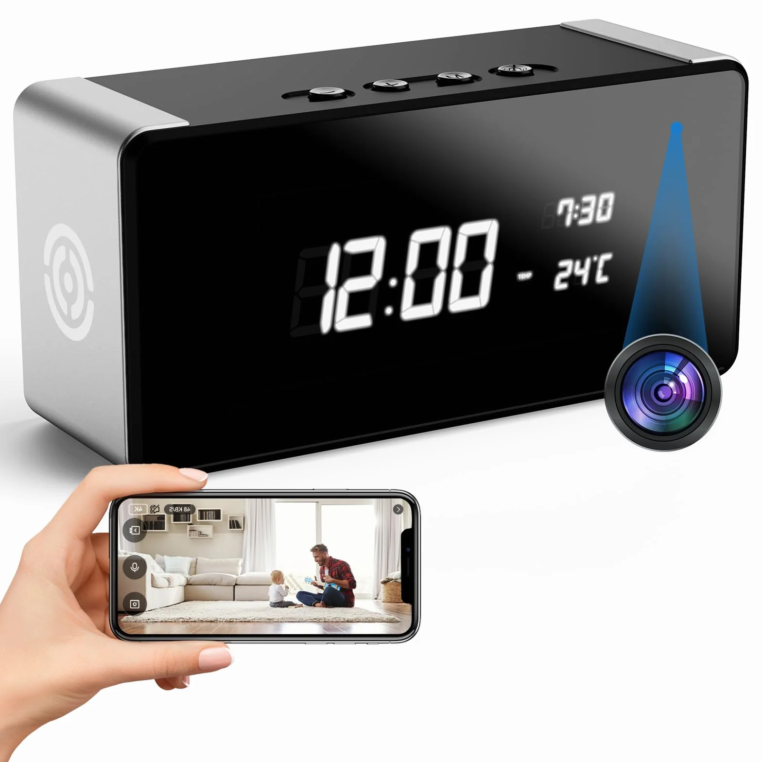 Kamera szpiegowska 4K z Podglądem na Żywo w Aplikacji - Kamera z budzikiem z Wykrywaniem Ruchu i Noktowizorem do Monitoringu Domu i Biura