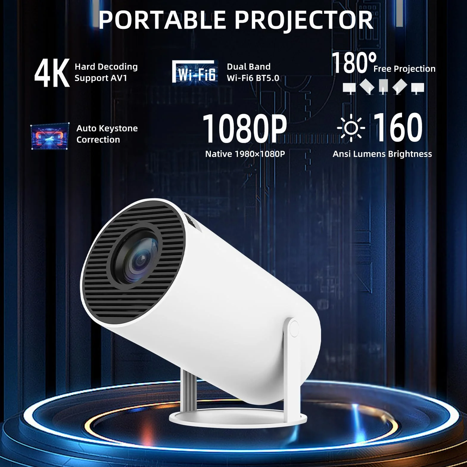 Mini rzutnik, Native 1080p z obsługą 4K, projektor z WiFi 6, BT5.0 Android 11.0 OS, obrót o 180 stopni, inteligentny projektor Full HD, mały przenośny projektor wideo LED, Bluetooth (biały 160ANSI)