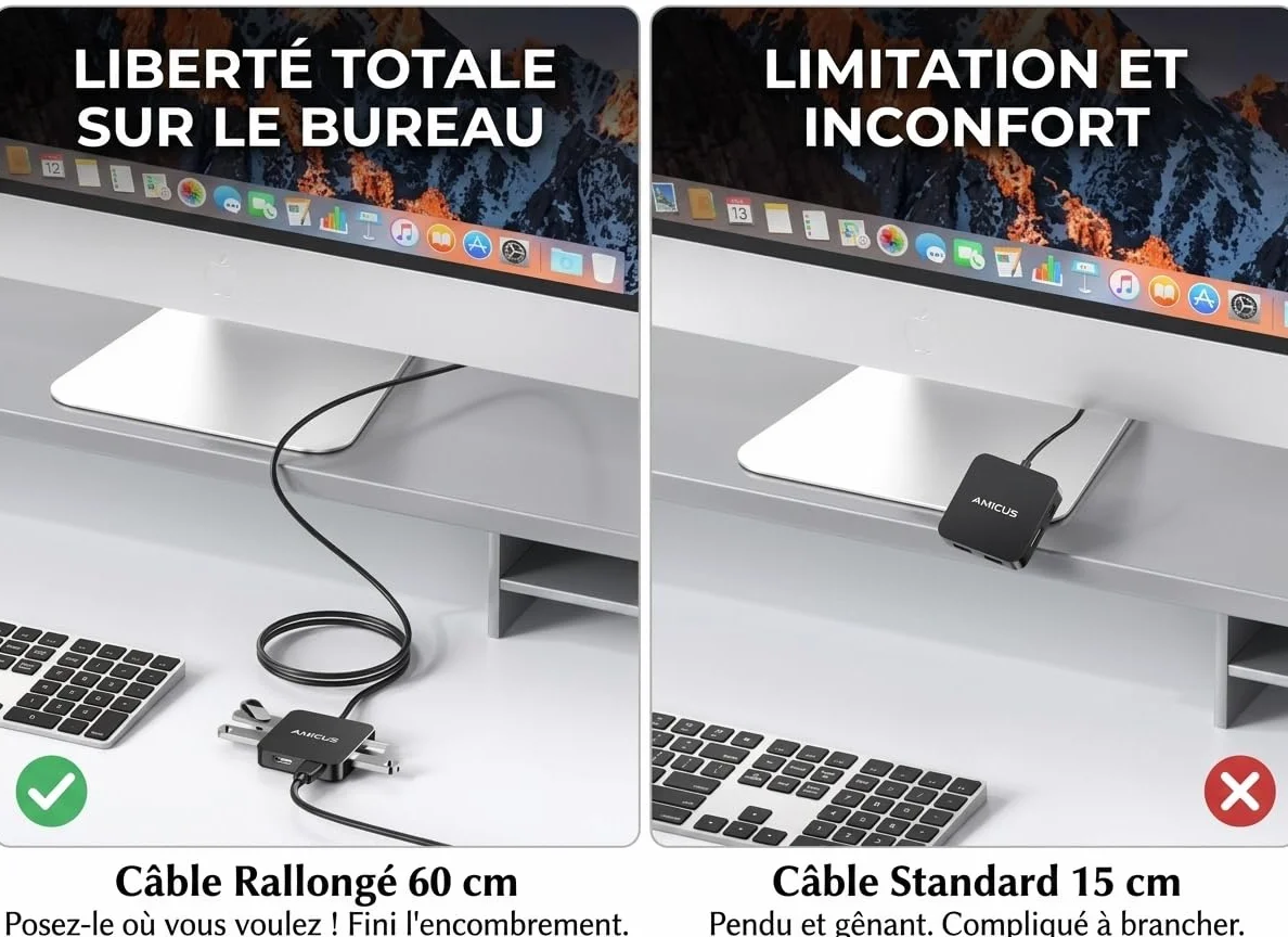 Anyoyo Stacja dokująca USB C Dual HDMI 4K 60 Hz, koncentrator z długim kablem 60 cm do biura, stacja dokująca 6 w 1 PD 100 W, 2 USB 3.0, wieloportowy adapter typu C do MacBook Air/Pro M1 M2 M3, Dell