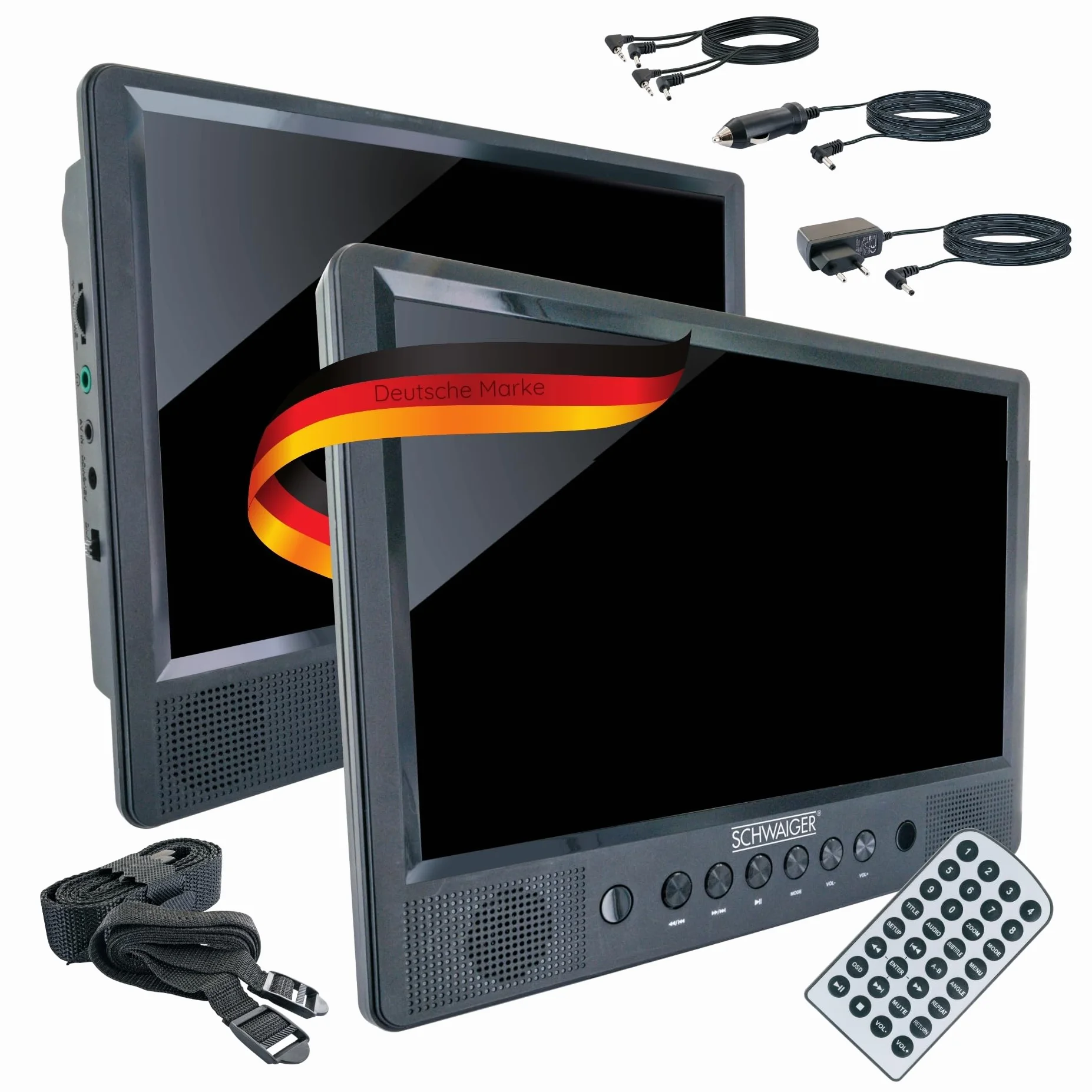 SCHWAIGER 716474 Przenośny odtwarzacz DVD 2 ekrany Przenośny odtwarzacz wideo Akumulator Pilot zdalnego sterowania Gniazdo SD Złącze USB Stojak samochodowy z materiałem montażowym
