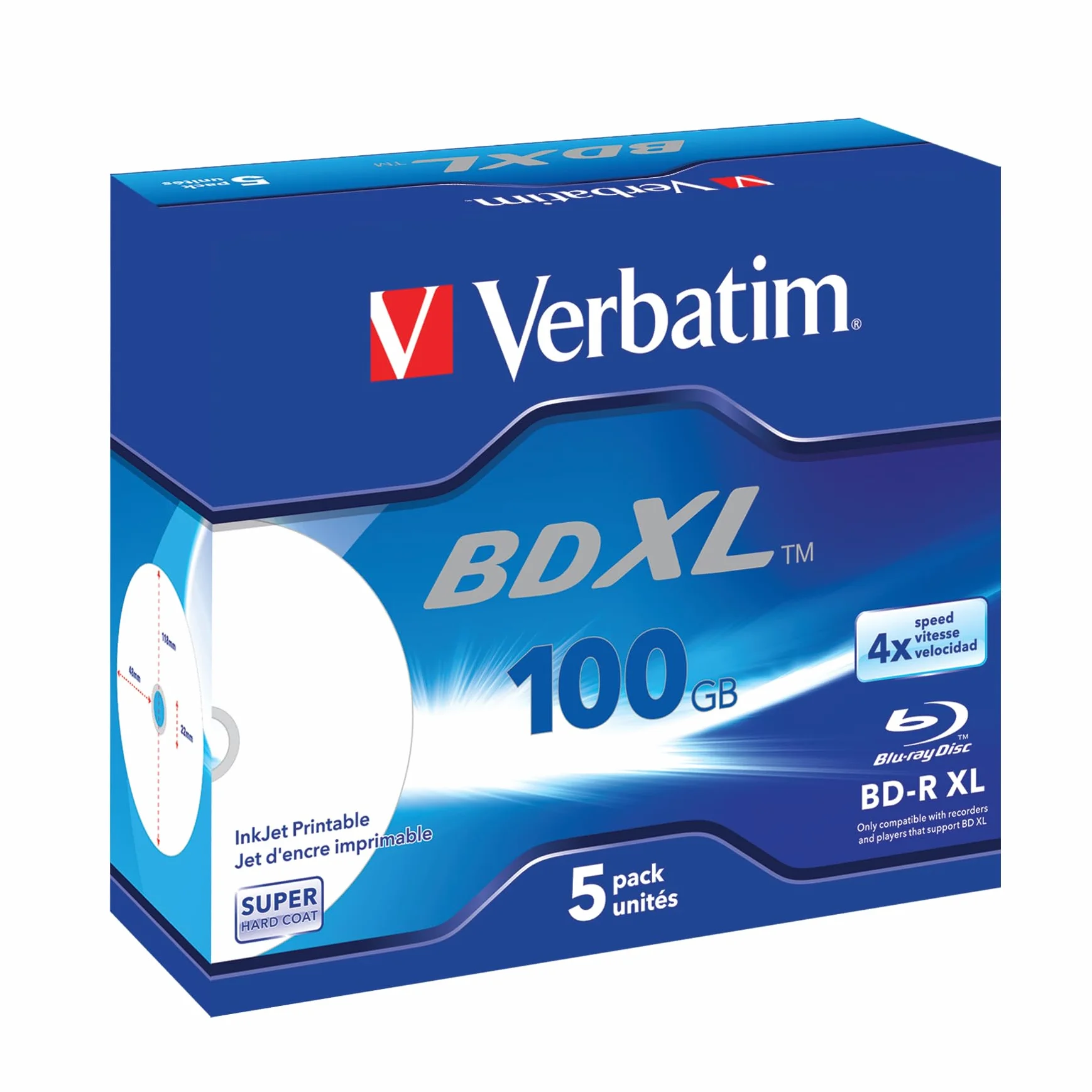 Verbatim BD-R XL 100 GB – płyta Blu-ray z 4-krotną prędkością zapisu, do drukowania, etui na klejnoty, 5-pak