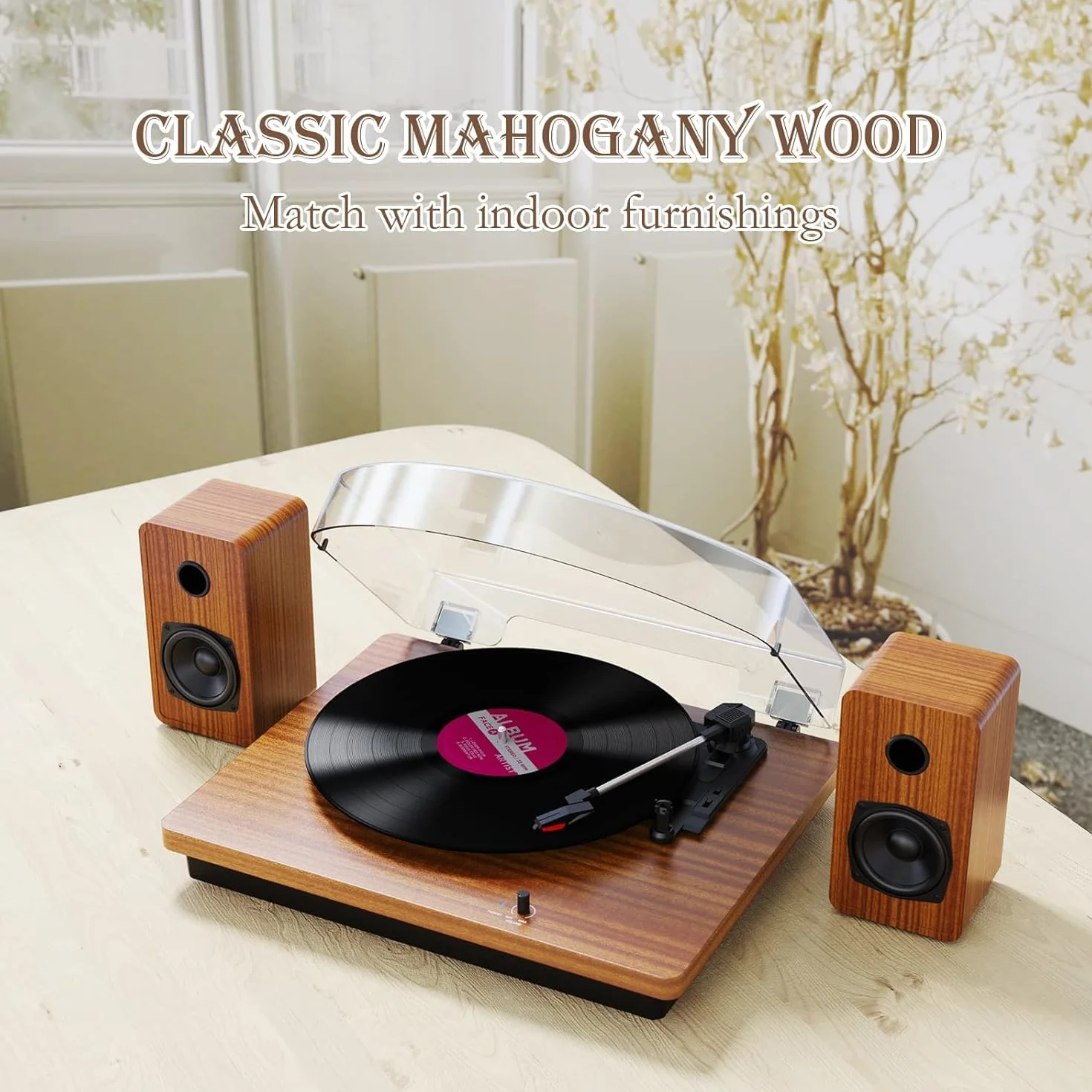 Gramofon winylowy Bluetooth z głośnikami stereo i USB, wyjście odtwarzacza na RCA, gramofon w kolorze drewna do rozrywki domowej