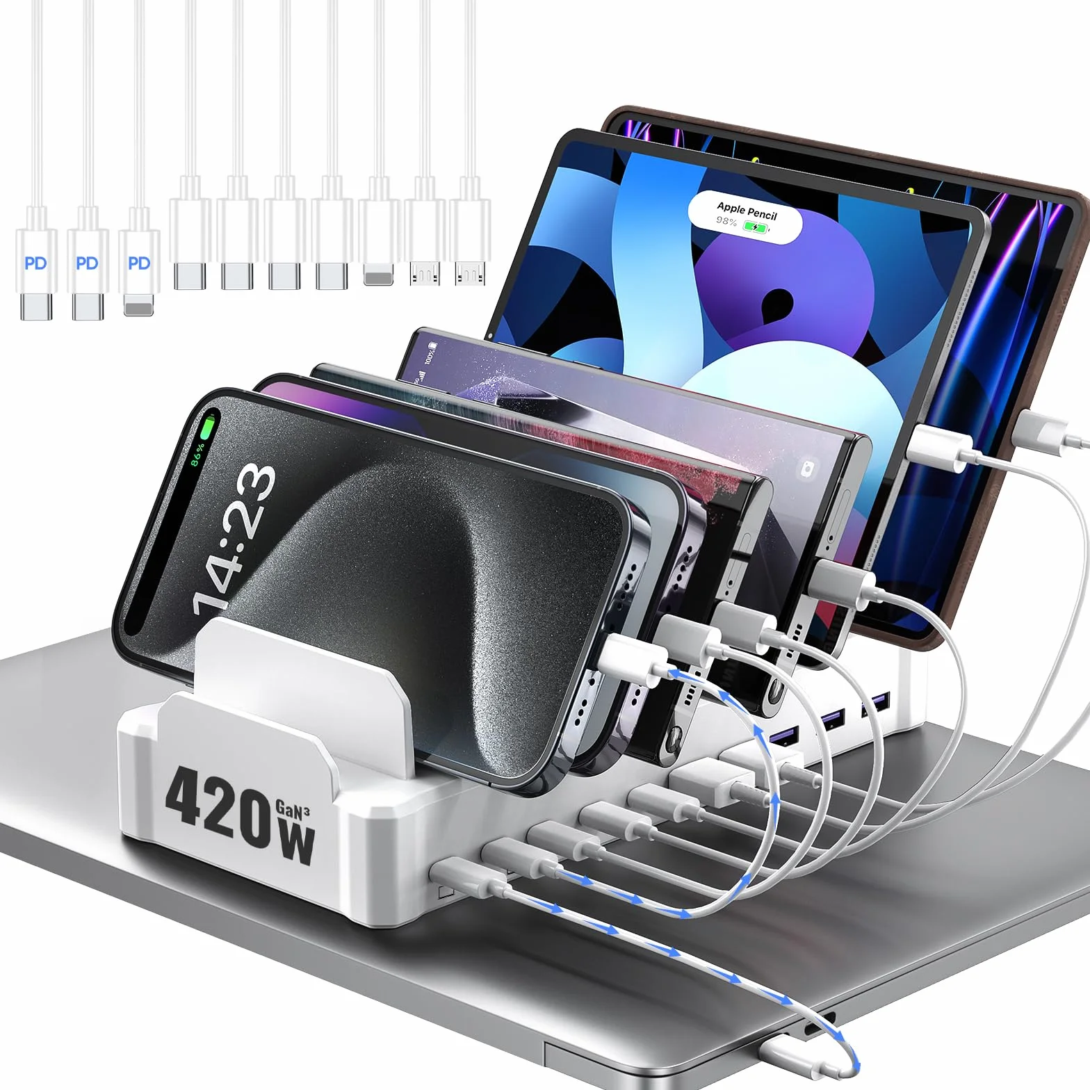Zobirez - Stacja ładująca 320 W dla wielu urządzeń, 10-portowa stacja szybkiego ładowania USB C dla MacBooka, iPhone'a, telefonu komórkowego z systemem Android, iPad, tabletów, wielu organizatorów