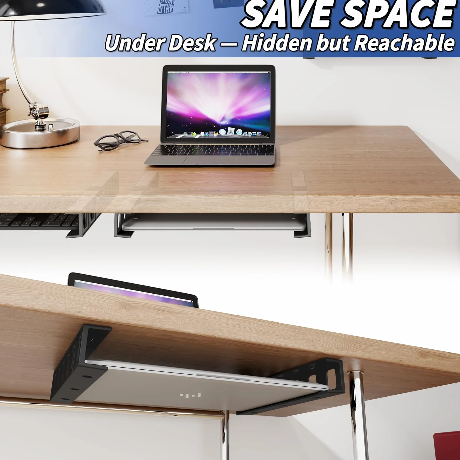 sciuU Uchwyt pod biurkiem/mocowanie na ścianie, wielofunkcyjne przechowywanie dla laptopów, tabletów, klawiatur, modemów, dekoderów TV, urządzeń do przesyłania strumieniowego, oszczędność miejsca na