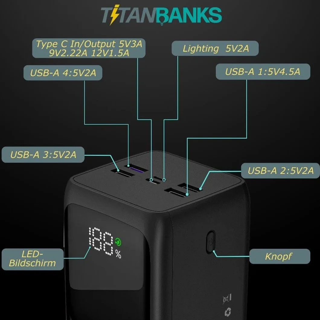 Titan X powerbank 50000 mAh 22,5 W funkcja szybkiego ładowania z latarką, zewnętrzny akumulator do telefonu komórkowego i tabletu, 5 wyjść i 3 wejścia