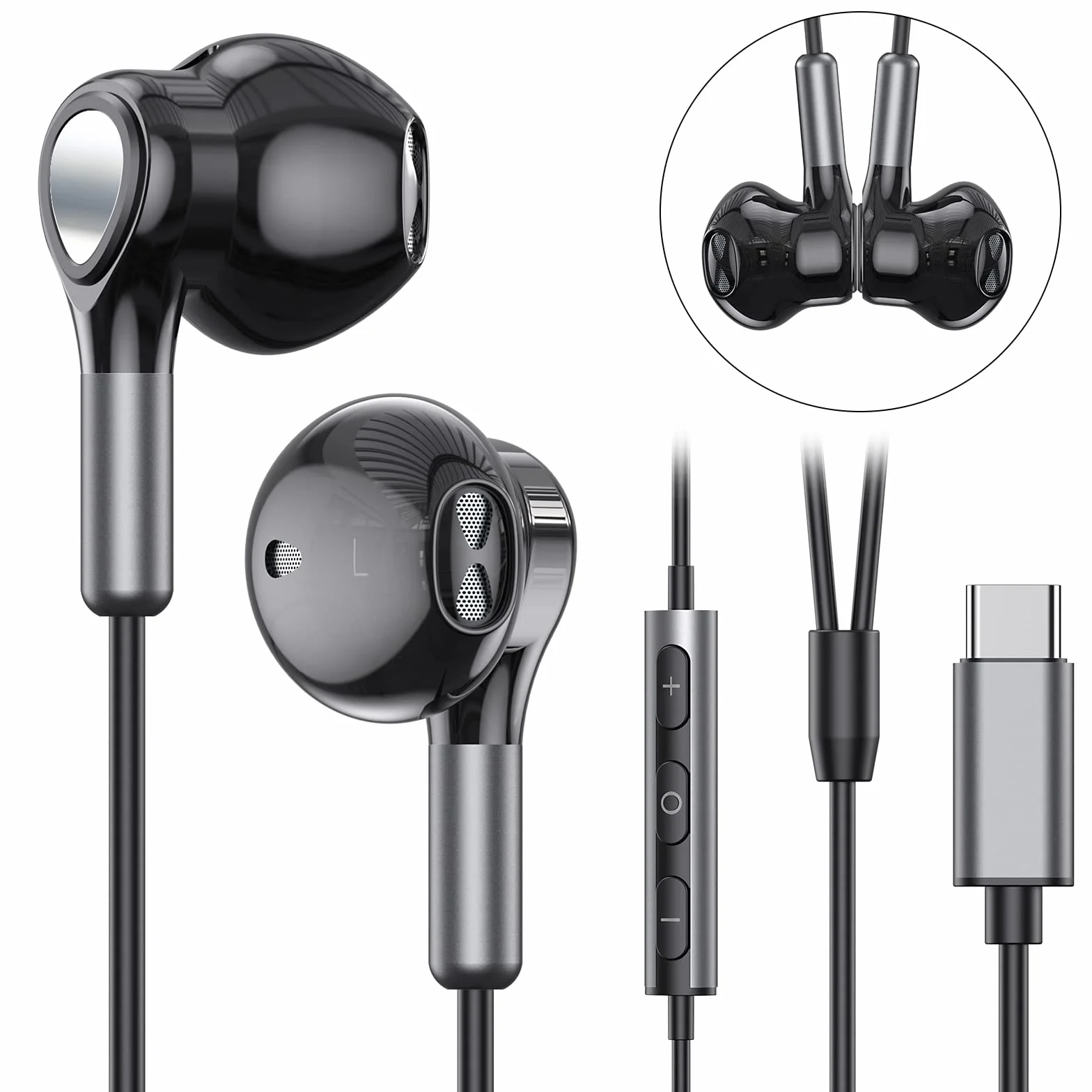 Słuchawki USB C do Samsung Galaxy S22 Ultra S21 FE S20 A53 USB C słuchawki z mikrofonem słuchawki douszne z kablem, słuchawki USB typu C (Czarny)