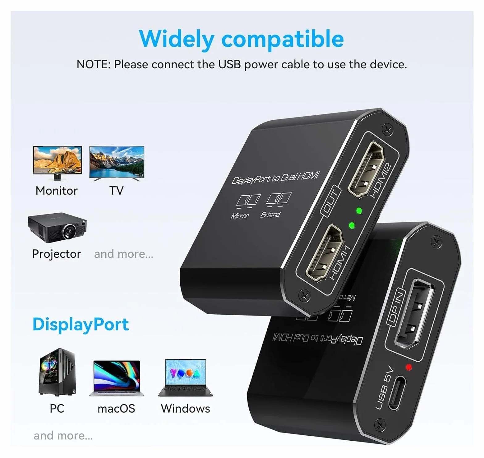 Navceker Displayport to Dual Adapter 4K 60Hz Mini DP to Splitter 1 In 2 Out MST Extended Mode for Computer Laptop PC