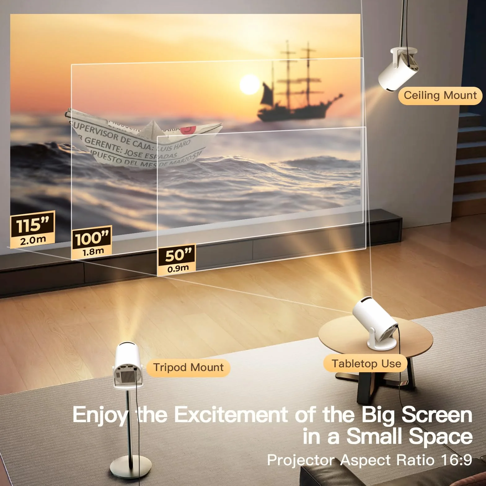 Mini projektor ze zintegrowanym WiFi i Bluetooth, Android 11, 1080P 4K, przenośny projektor z obrotem 180°, wersja HY300pro+ do użytku domowego i zewnętrznego LYNCAST OptiBarrel 500