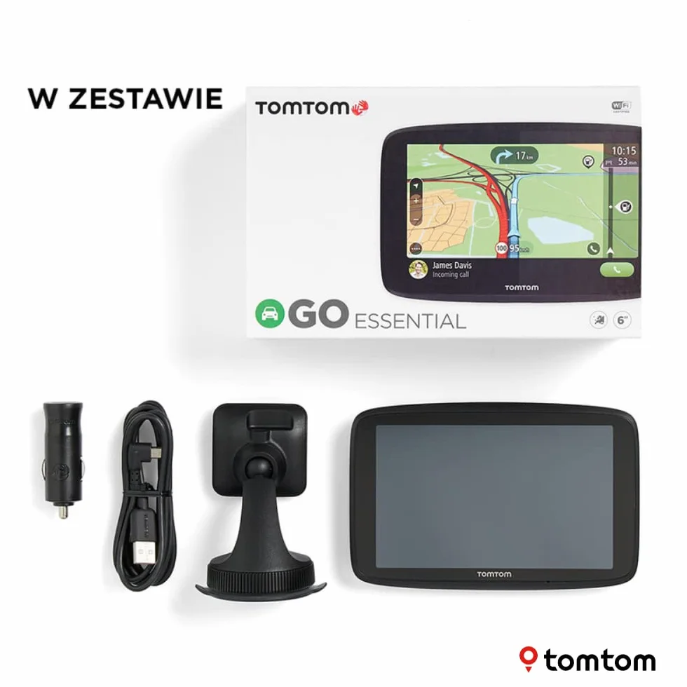 TomTom GO Essential 6 Nawigacja GPS z ekranem 5 cali, (tryb głośnomówiący, Siri, Google Now, Wi-Fi, TomTom Traffic przez smartfon, wiadomościami ze smartfonu)