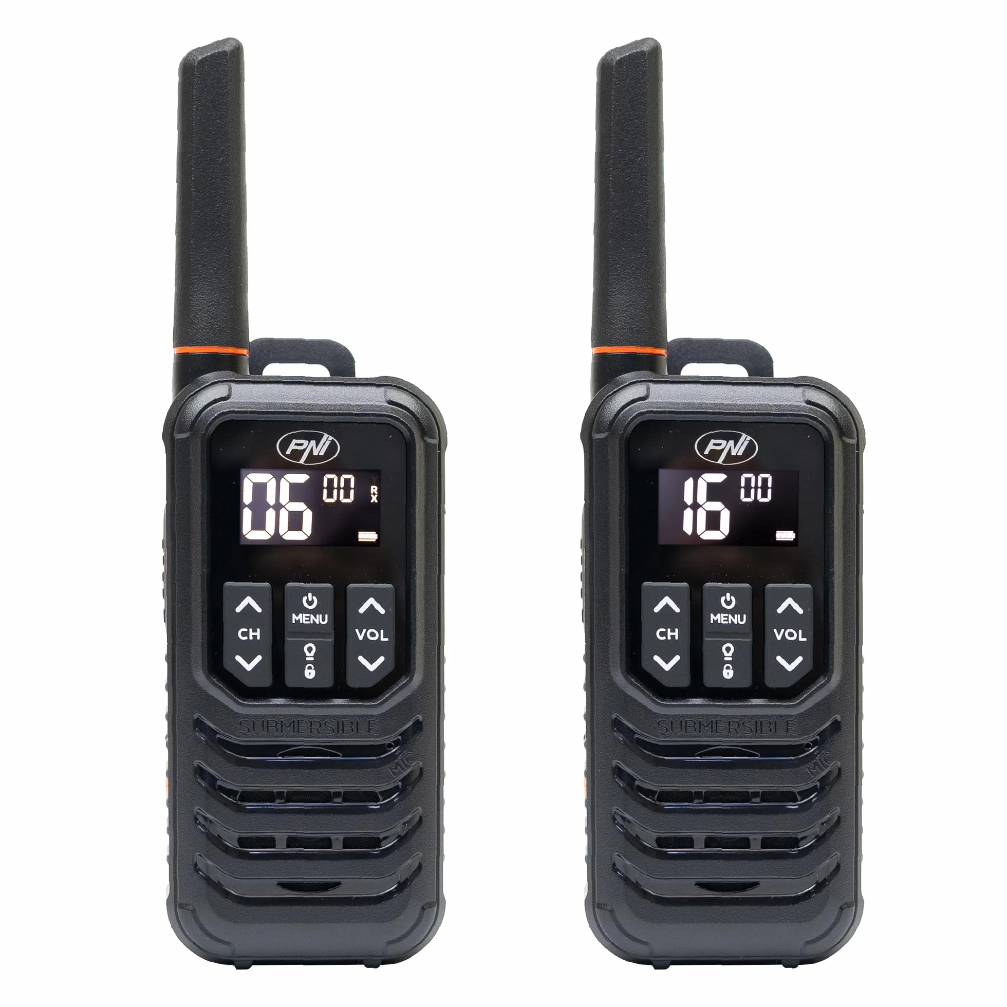 Przenośna stacja radiowa PNI PMR R80 PRO, zestaw 2 sztuk, 0,5W, 16 kanałów, Wodoodporna IP67, z latarką LED, przyciskiem SOS, VOX, USB-C
