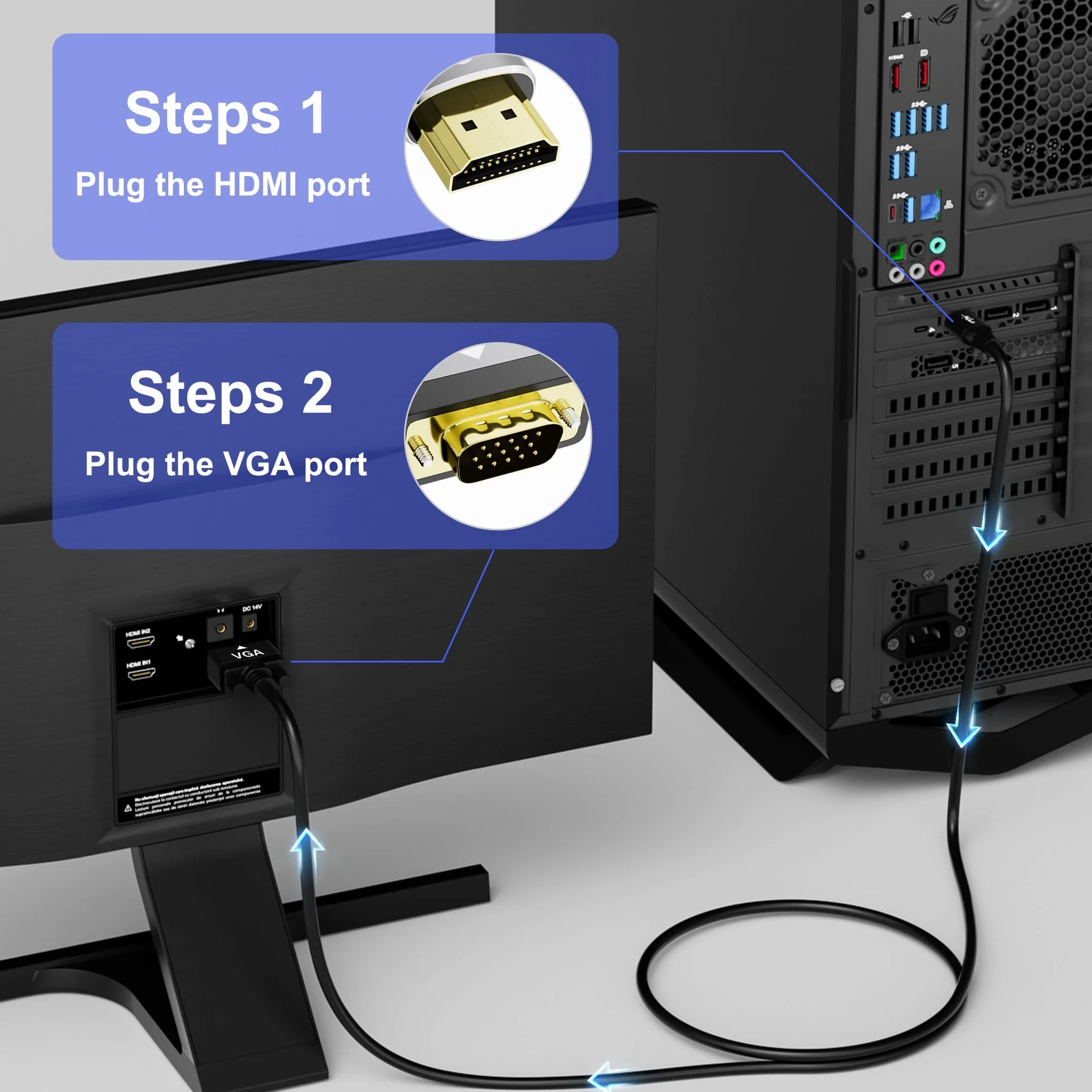 HDMI do VGA AdapterKabel 5m, jednokierunkowy HDMI (źródło) do VGA (wyświetlacz) D-SUB 15 Pin Full HD/1080p Konwerter Kabel, dla monitorów, projektorów, telewizorów, z 5 kabelkami mocującymi