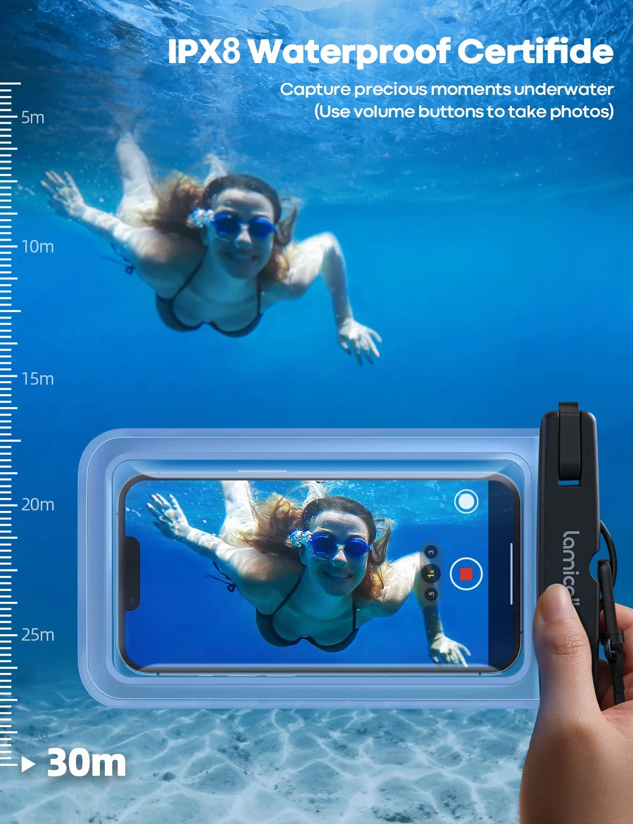 Lamicall Wodoodporne etui na telefon – wodoodporne etui na telefon IPX8 z klipsem do iPhone'a 17 16 15 14 13 12 Pro Max Plus Air Mini, Samsung S23 do 7 cali - przezroczyste