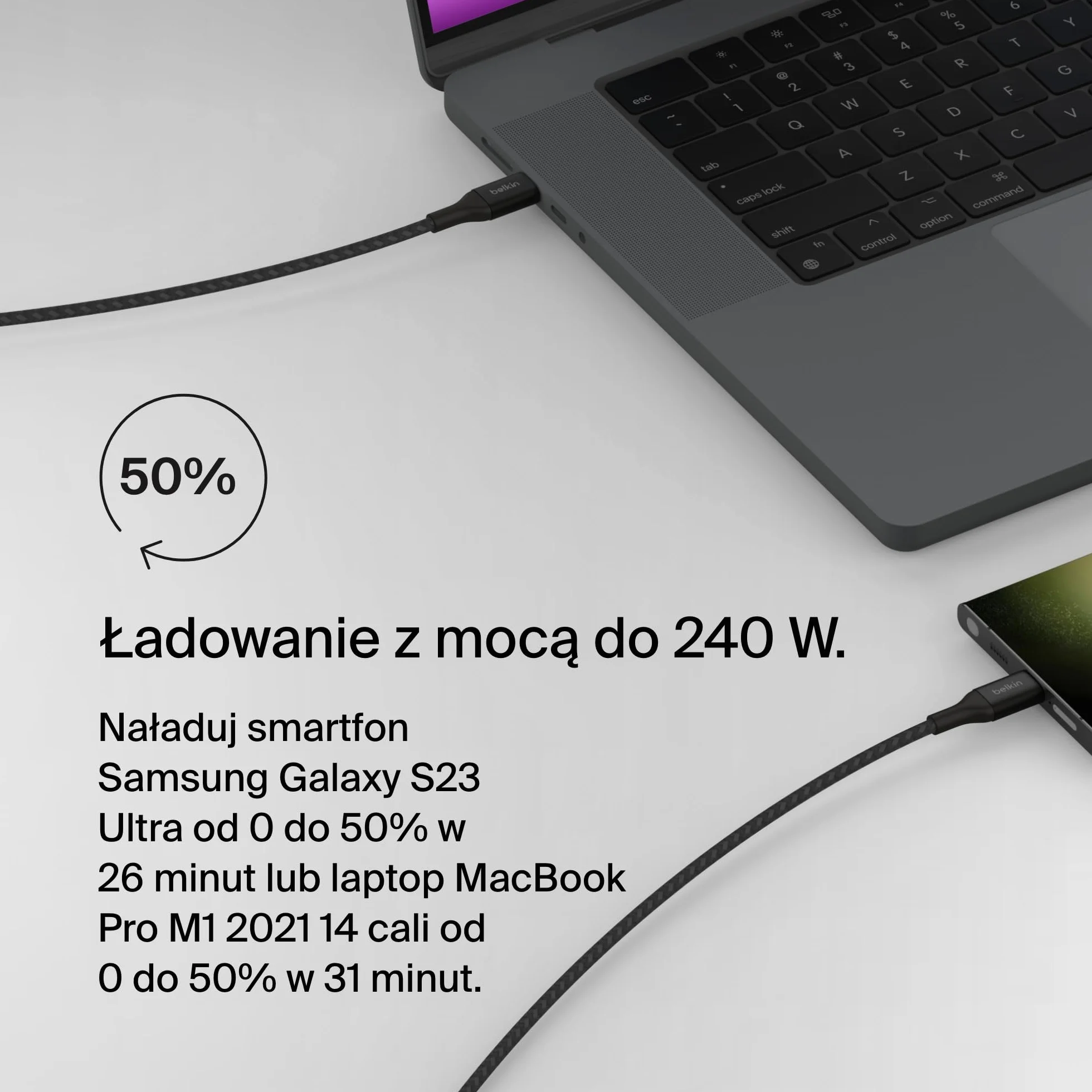 Belkin BoostCharge Kabel zasilania USB-C-USB-C, szybkie ładowanie Power Delivery 240 W, certyfikat USB-IF, zgodny z urządzeniami MacBook Pro, iPhone 15, Chromebook, Galaxy, iPad i innymi, 1 m, czarny