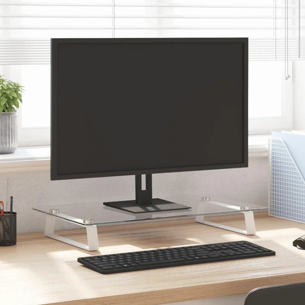 Stojak na monitor, biały, z hartowanego szkła i metalu, 60 x 35 x 8 cm, do stojaka na ekran, uchwyt na notebooka, miejsce pracy, biuro, domowe biuro, gry, ergonomiczna półka