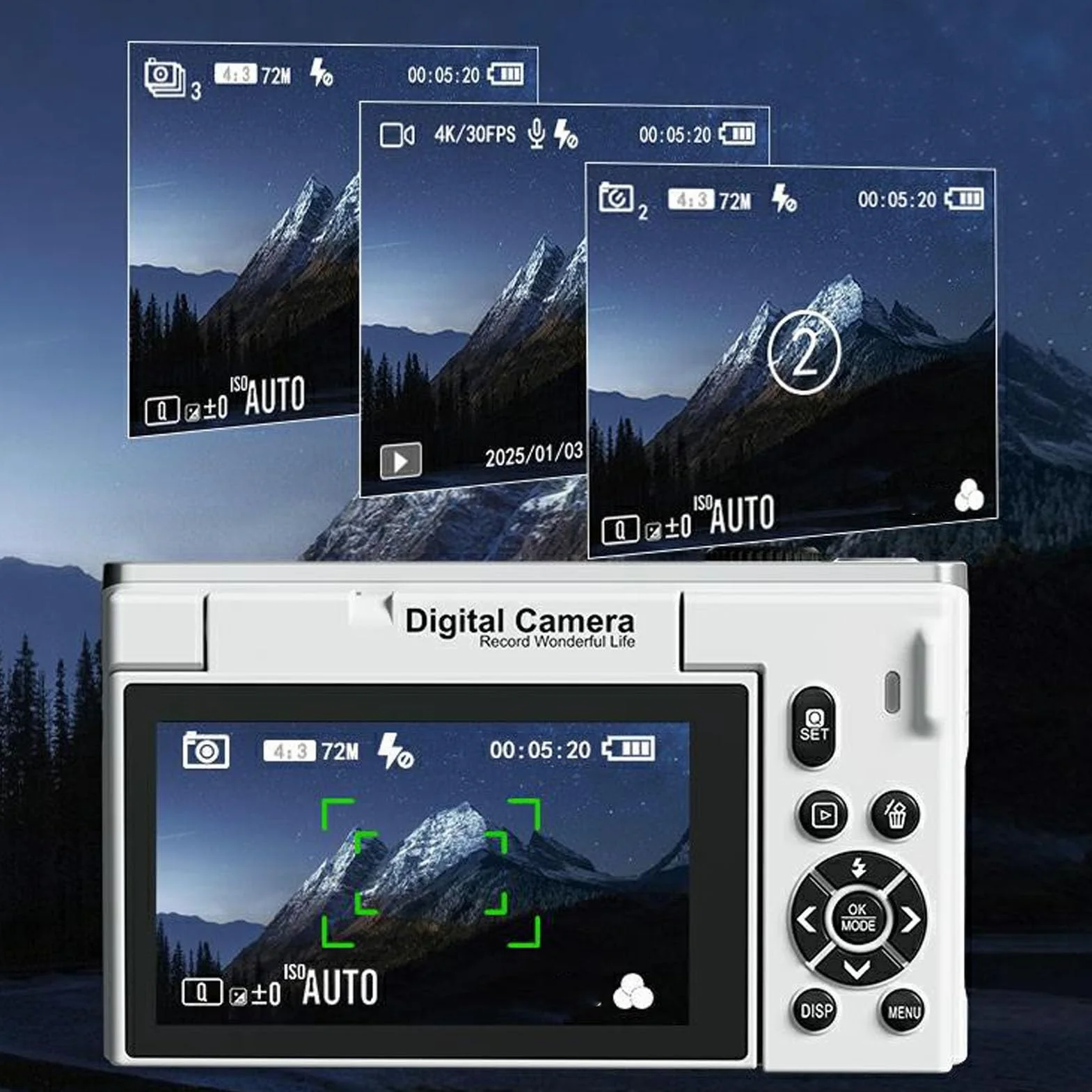 Cryfokt Cyfrowy Aparat Fotograficzny 4K do Fotografii, 4K 75 MP z 18-krotnym Zoomem WiFi Bezlusterkowy Zoom Cyfrowy Kompaktowe Aparaty Retro z 3,0-calowym Flip-screenem Funkcja (WHITE)