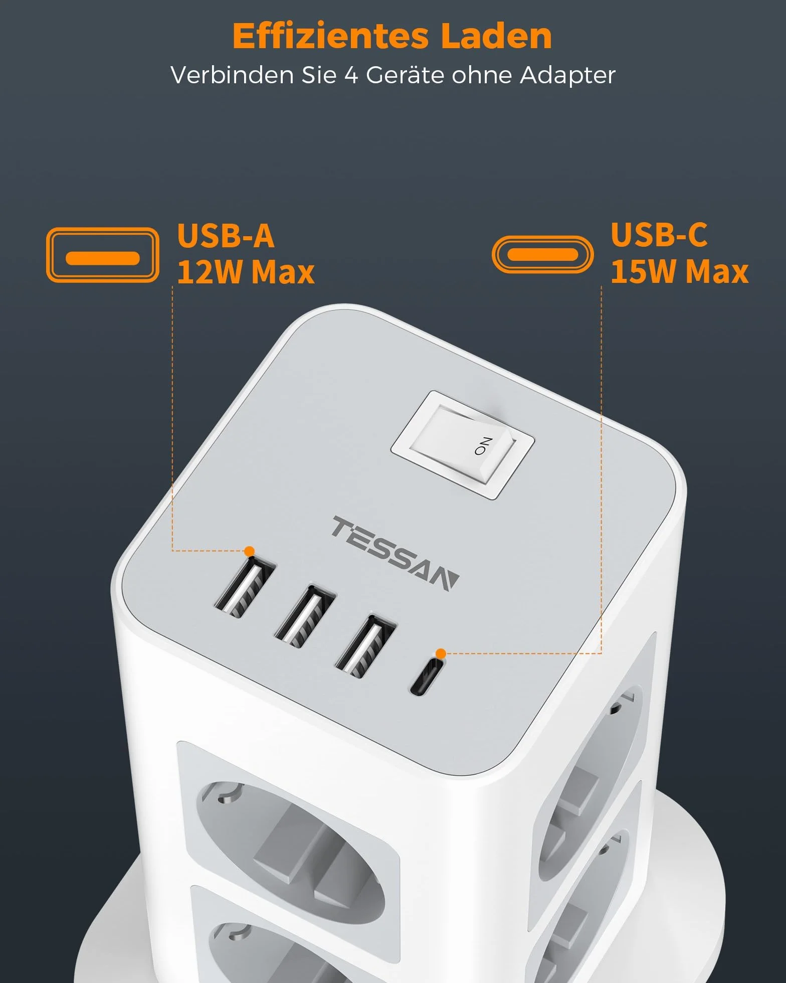 TESSAN Listwy zasilające, ochrona przed przeciążeniem, 8 gniazd, z 3 USB A i USB C, listwa zasilająca pionowa z przełącznikiem, przedłużacz 2 metry, złodziejka 3600 W