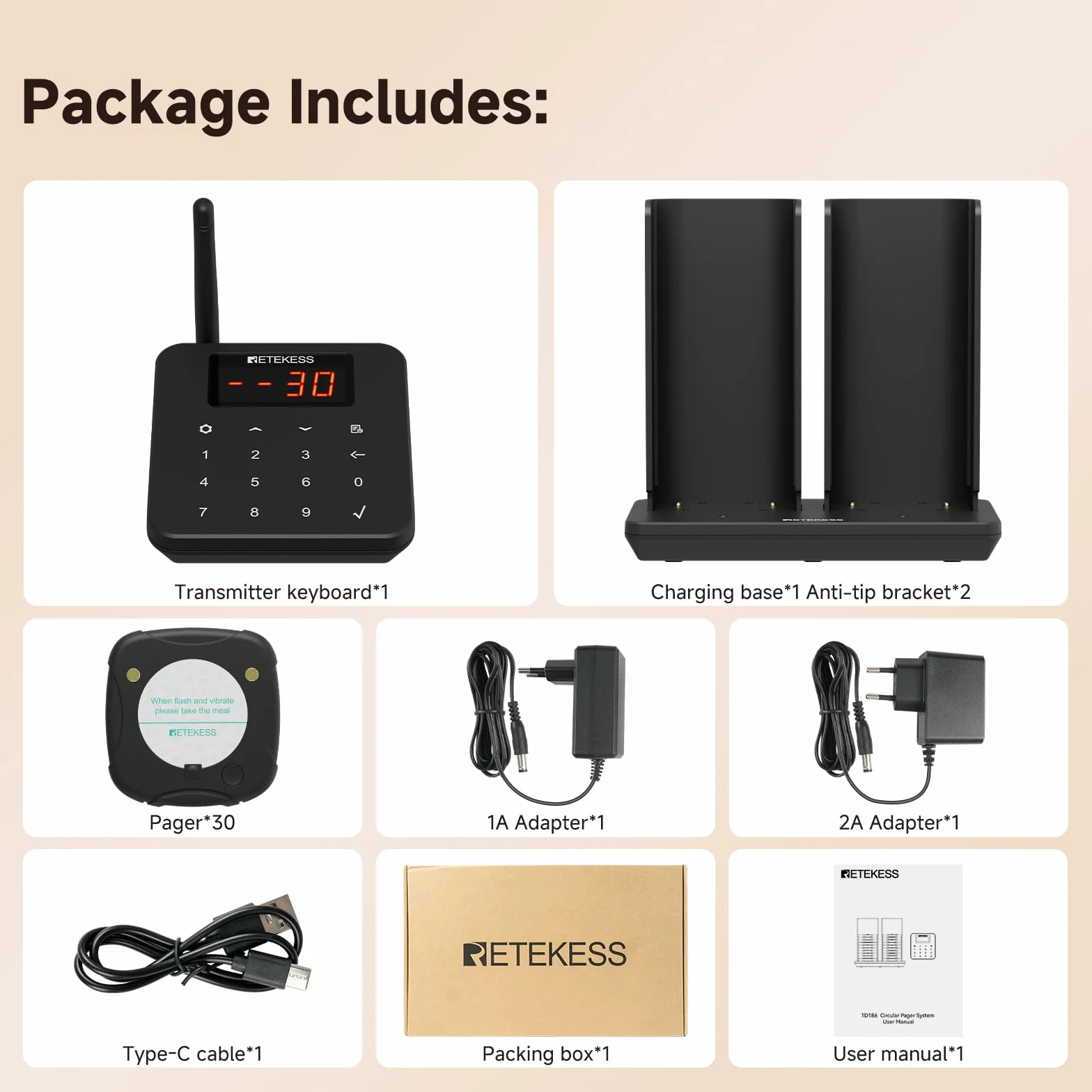 Retekess TD186 Bezprzewodowy System Przywoławczy, 30 Pagerów | Do Duża Restauracja, Klub, Największa 600M, Konstrukcja Antyprzewrotna, 300 mAh 24H, 64 Tryby Przypomnień, Plug and Play