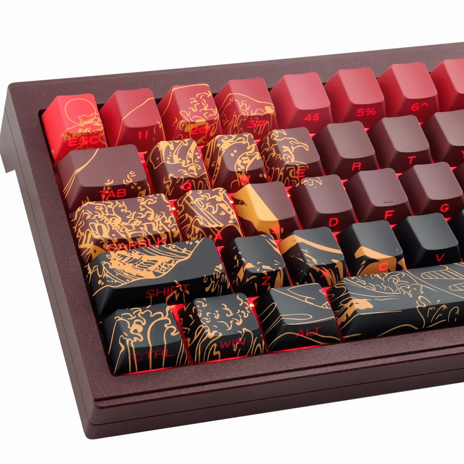 PBT Custom Keycaps, 131 Red Ukiyo-e Keycap Cherry Profile Dye-Sublimation Shine-Through Side Engraved Transparent Keycaps for Cherry Gateron MX Switches Mechanical Keyboards