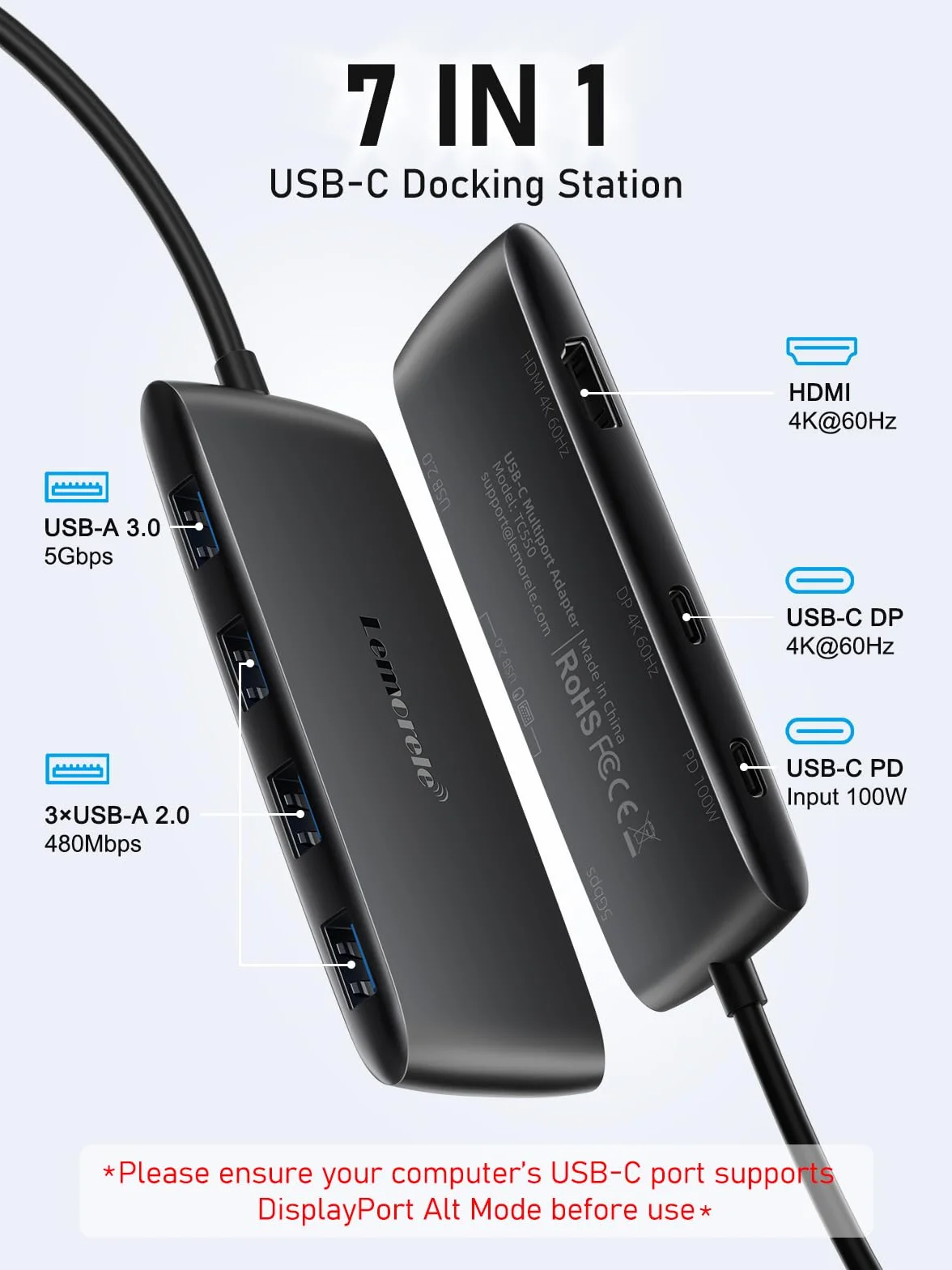 Lemorele Stacja dokująca USB-C z podwójnym monitorem, koncentrator 7 w 1 z podwójnym 4K przy 60 Hz (HDMI + USB-C DP Alt Mode), obsługuje okulary AR / monitor przenośny, 100 W PD, 3× USB 3.0/2.0 do