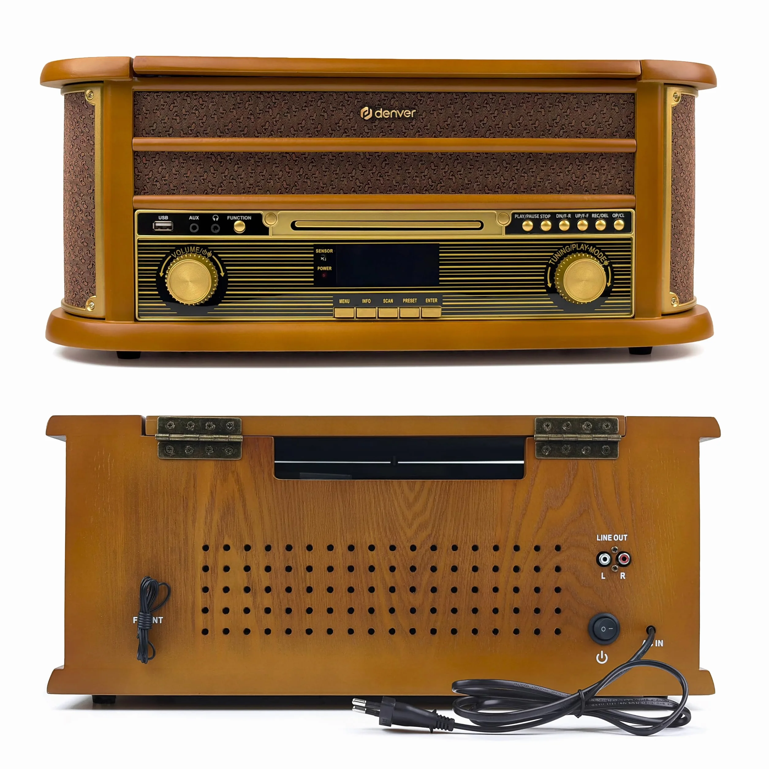 Denver MRD-51 DAB+, radio FM/AM z odtwarzaczem CD, kasetowym i gramofonem, wygląd drewna
