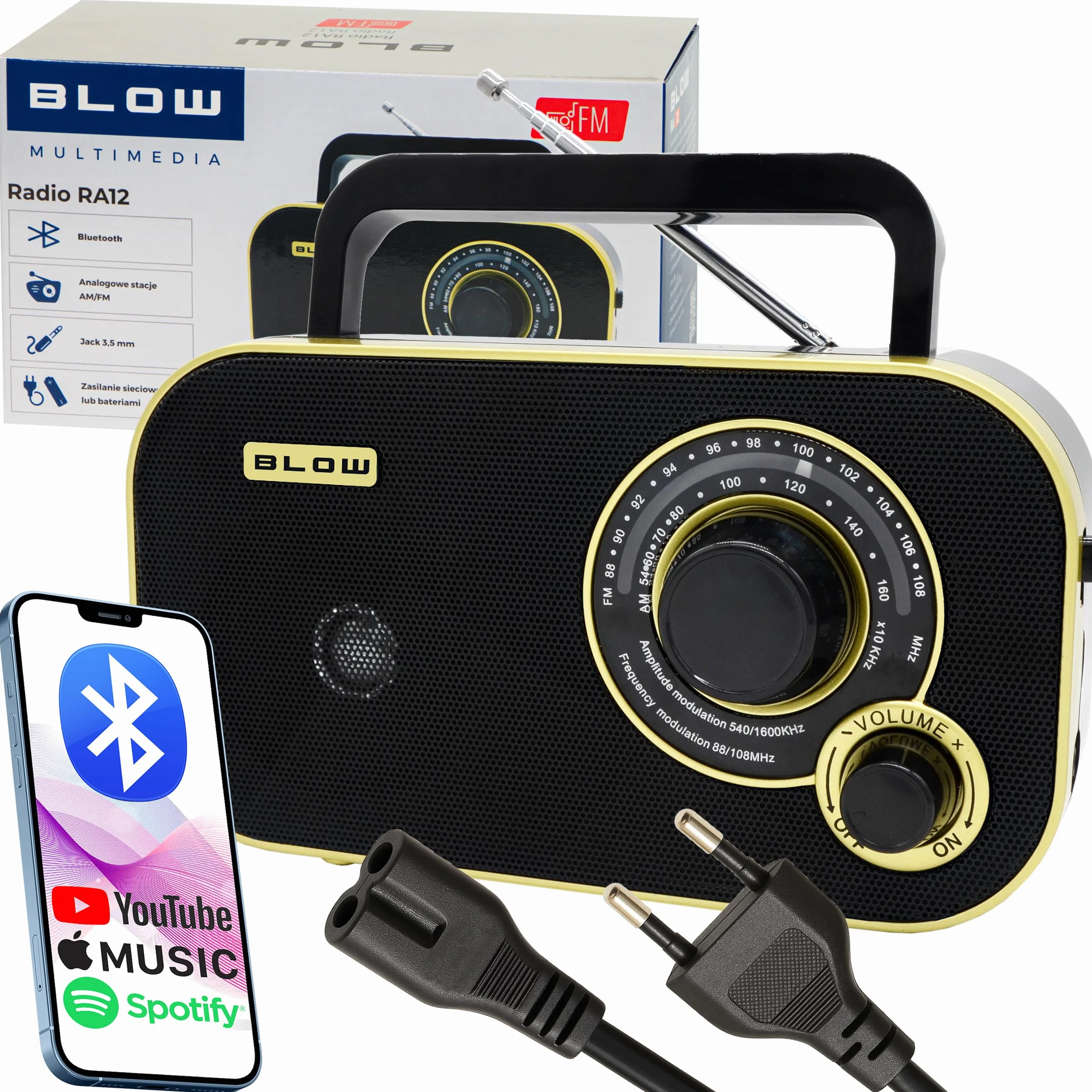 BLOW RADIO KUCHENNE RETRO BLUETOOTH USB SD 230V PRZENOŚNE NA BATERIE R20 ANTENA