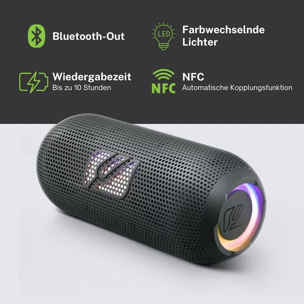 Muse M790BT Przenośny głośnik Bluetooth odporny na zachlapanie z wbudowanym światłem. 60 W mocy zestawu głośnomówiącego. Możliwość pary Stereo. Koncektor ładowania USB-C. Bateria 2700 mAh