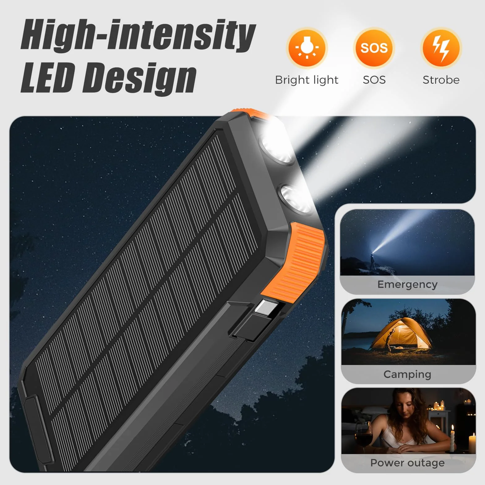 Solar Power Bank 20000mAh, przenośna ładowarka solarna, 5V/3A USB-C Fast Charge, 5W wireless, panel słoneczny 2W + korba ręczna, powerbank survival outdoor camping, LED SOS, USB-A/USB-C